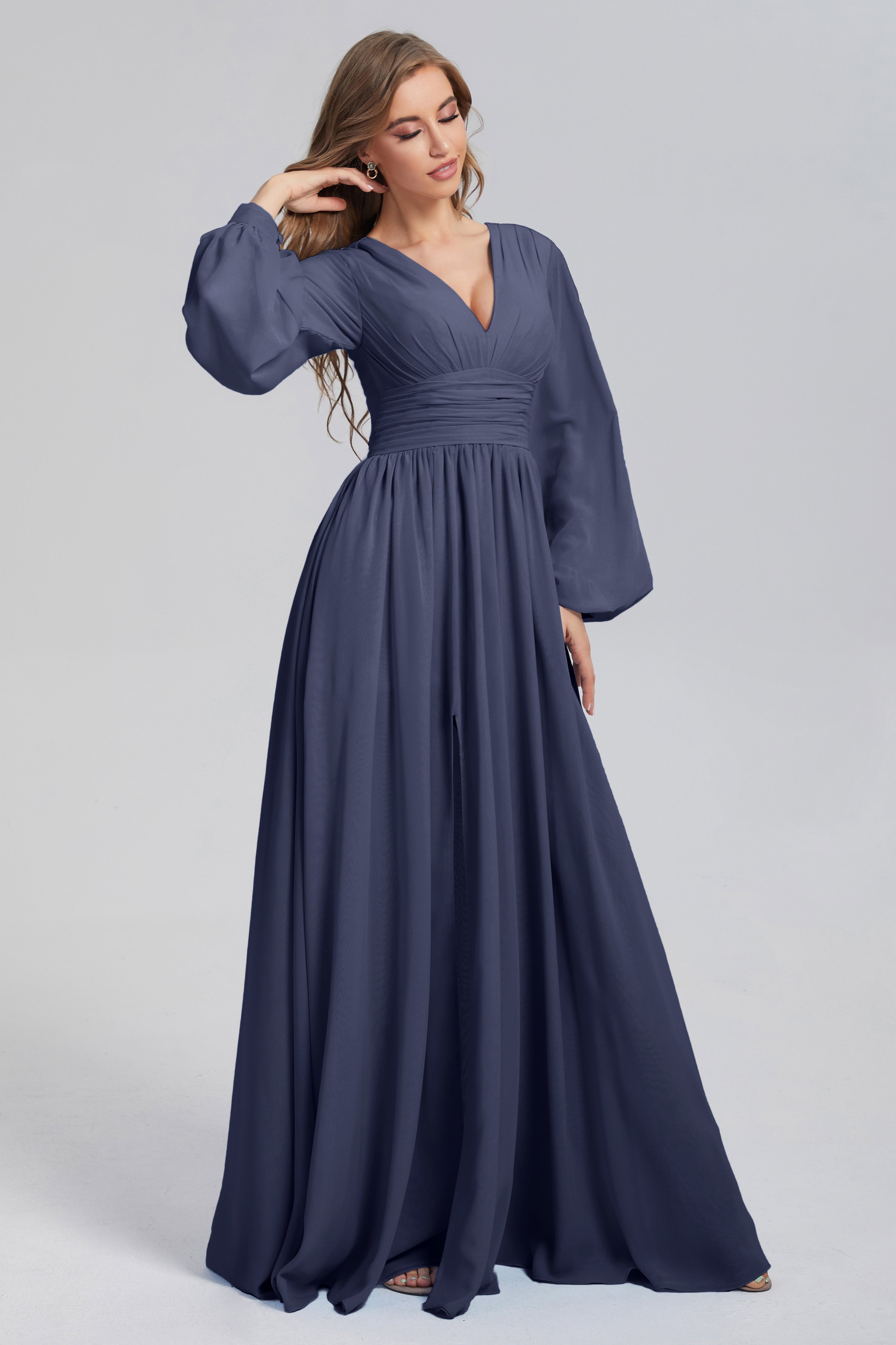 Split Long Sleeve Chiffon Prom Dresses