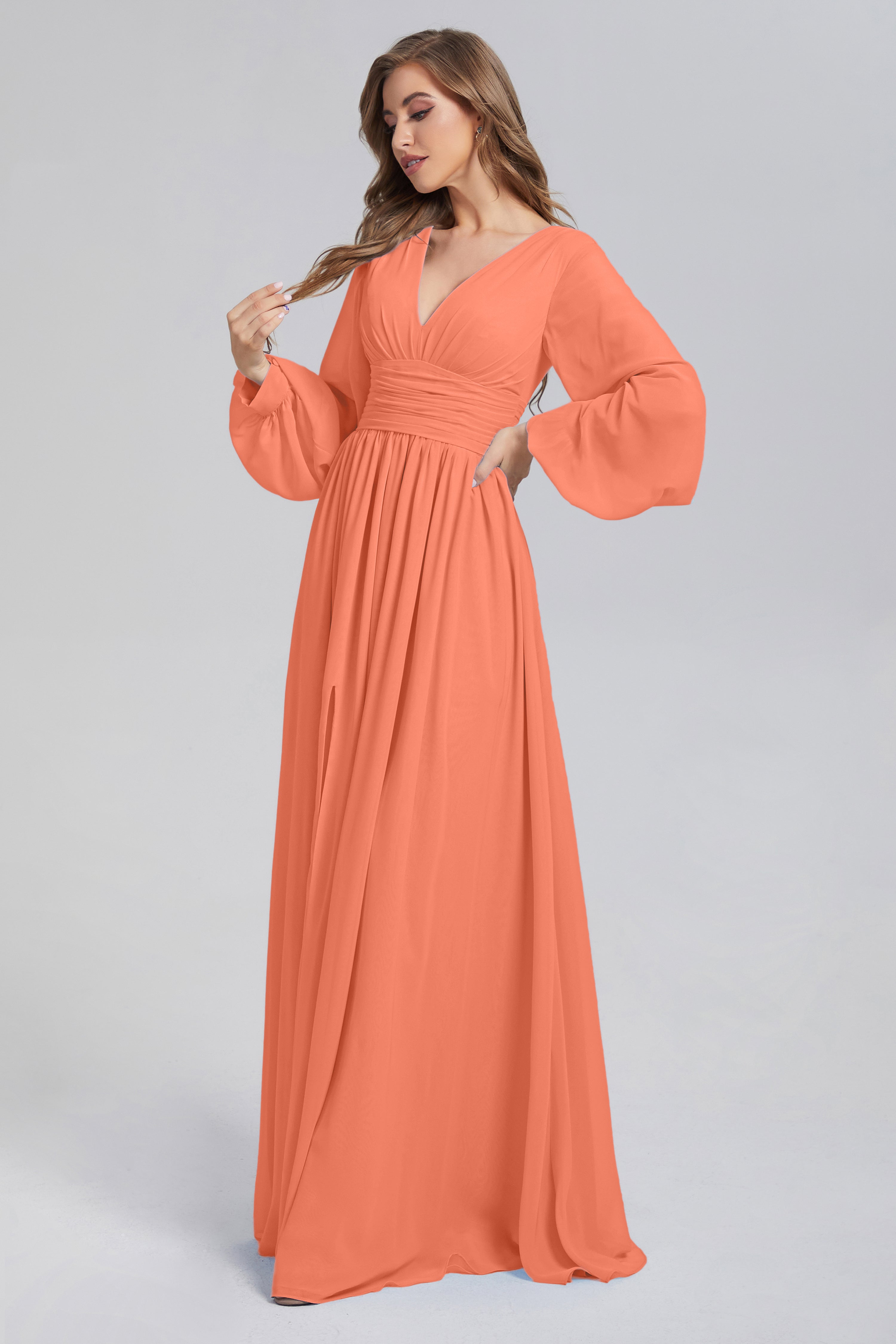 Split Long Sleeve Chiffon Prom Dresses