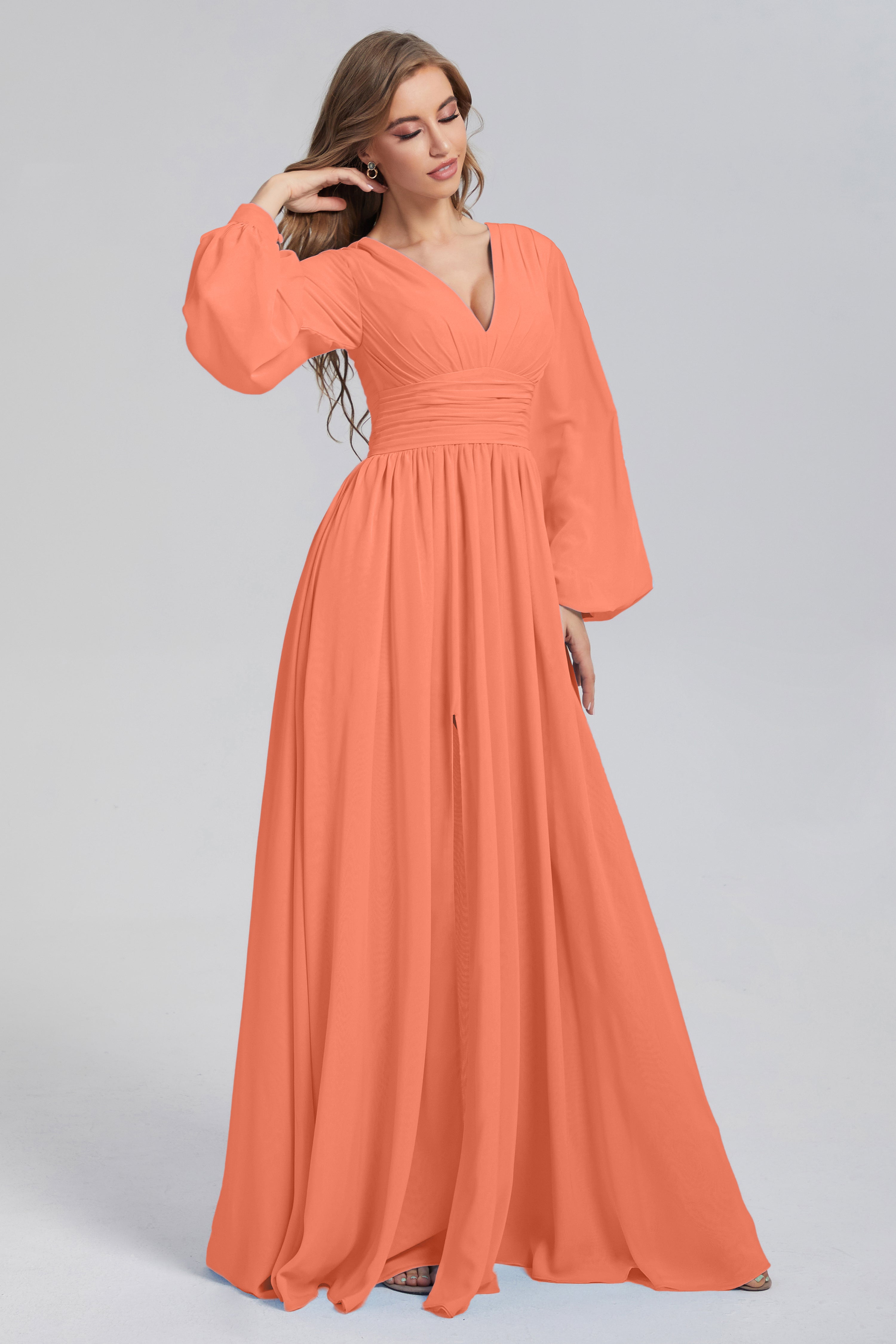 Split Long Sleeve Chiffon Prom Dresses