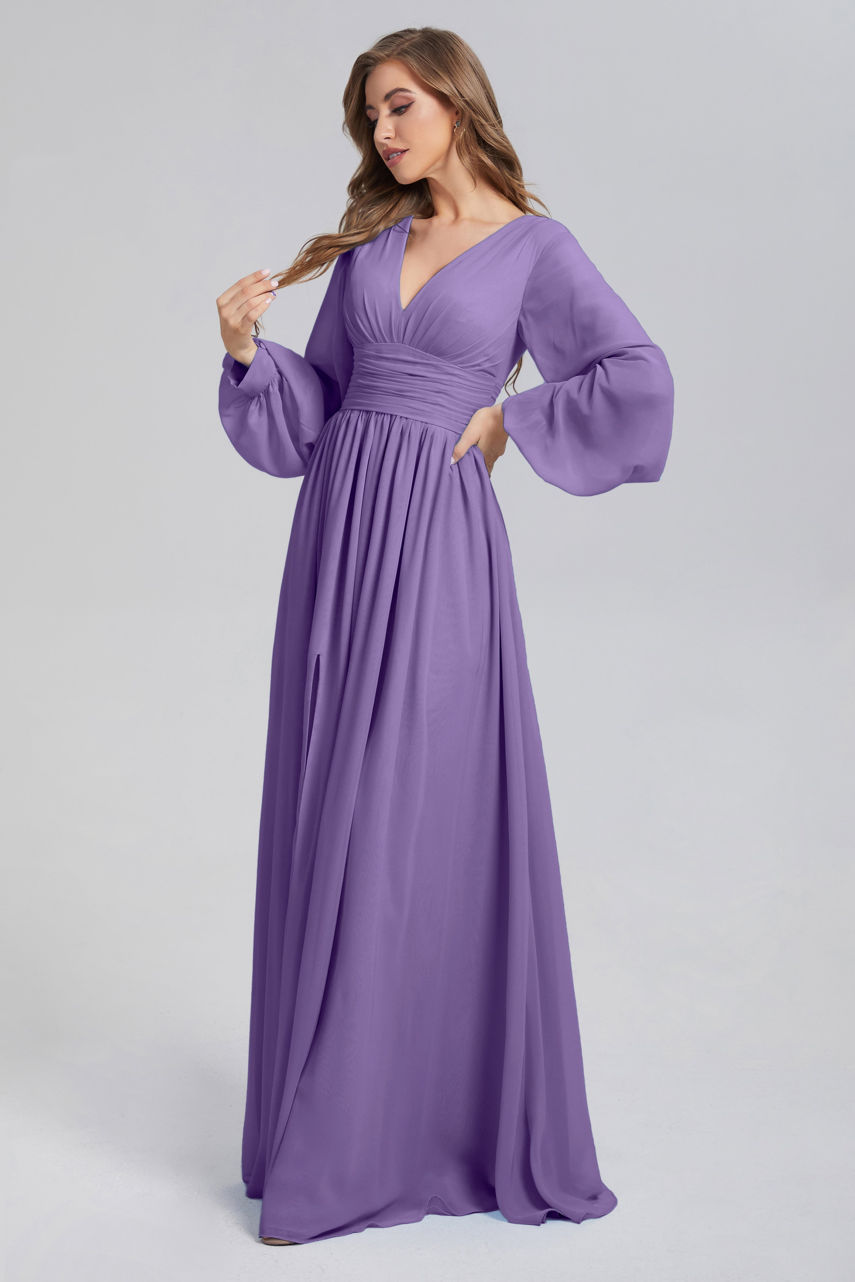 Split Long Sleeve Chiffon Prom Dresses