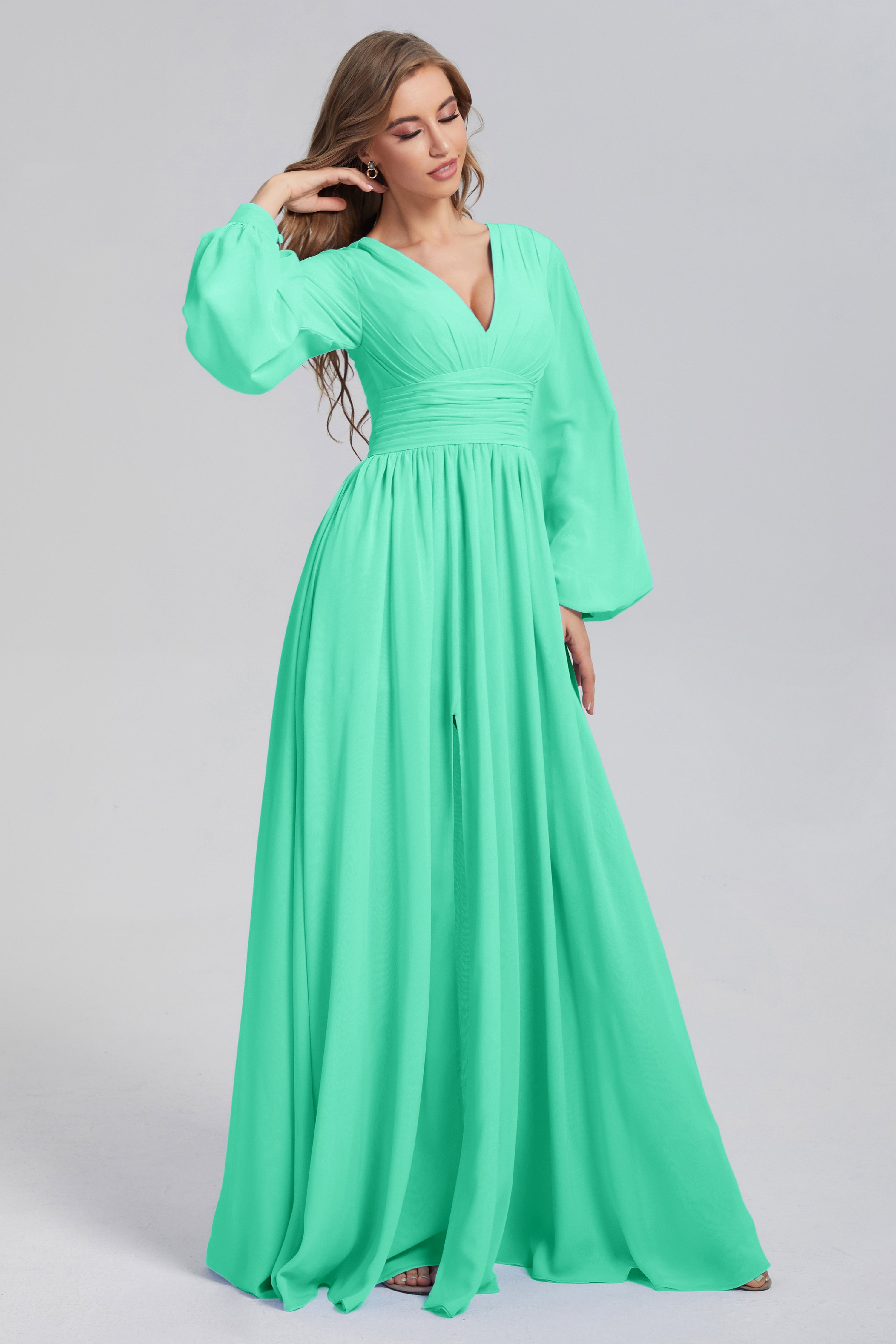 Split Long Sleeve Chiffon Prom Dresses