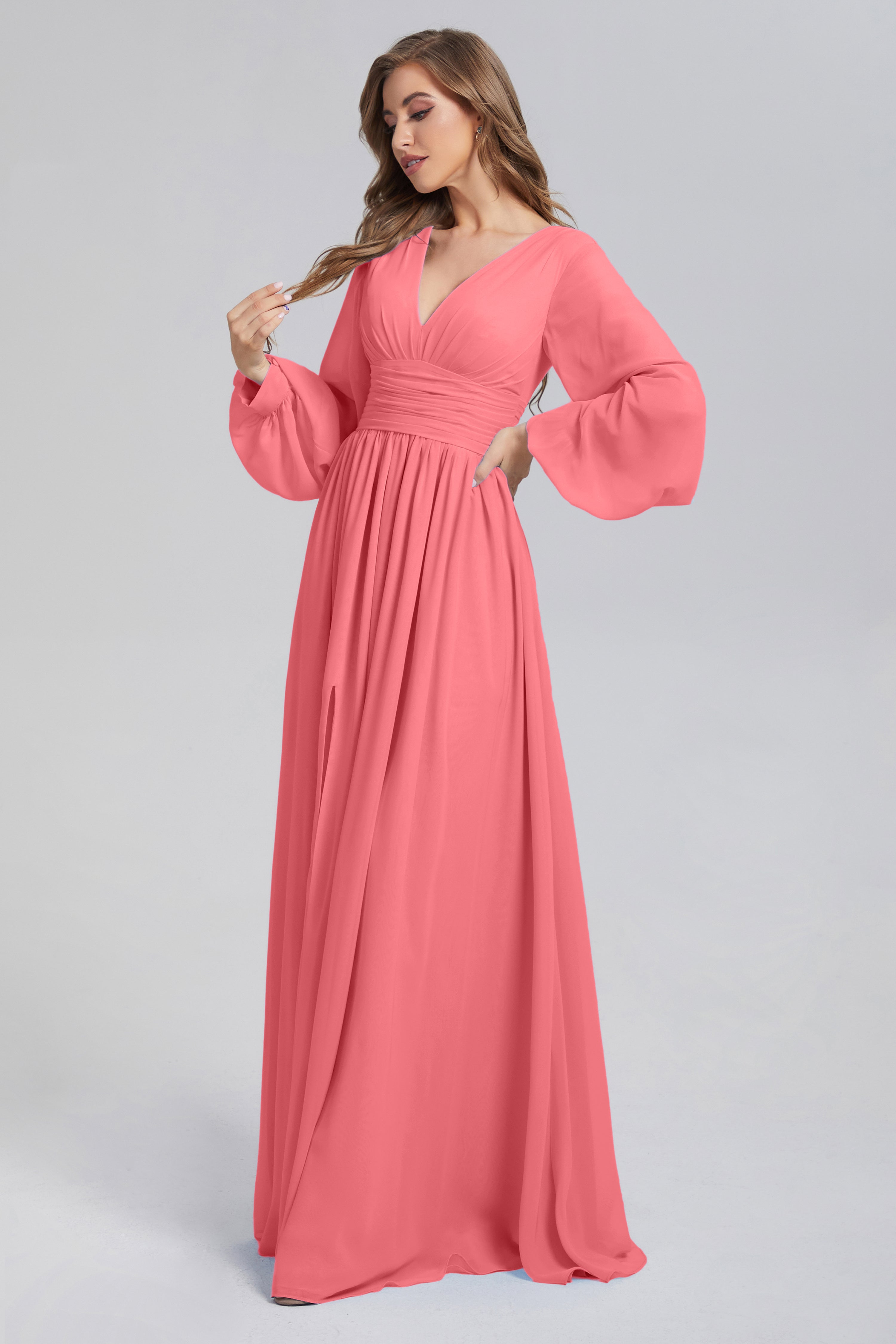 Split Long Sleeve Chiffon Prom Dresses