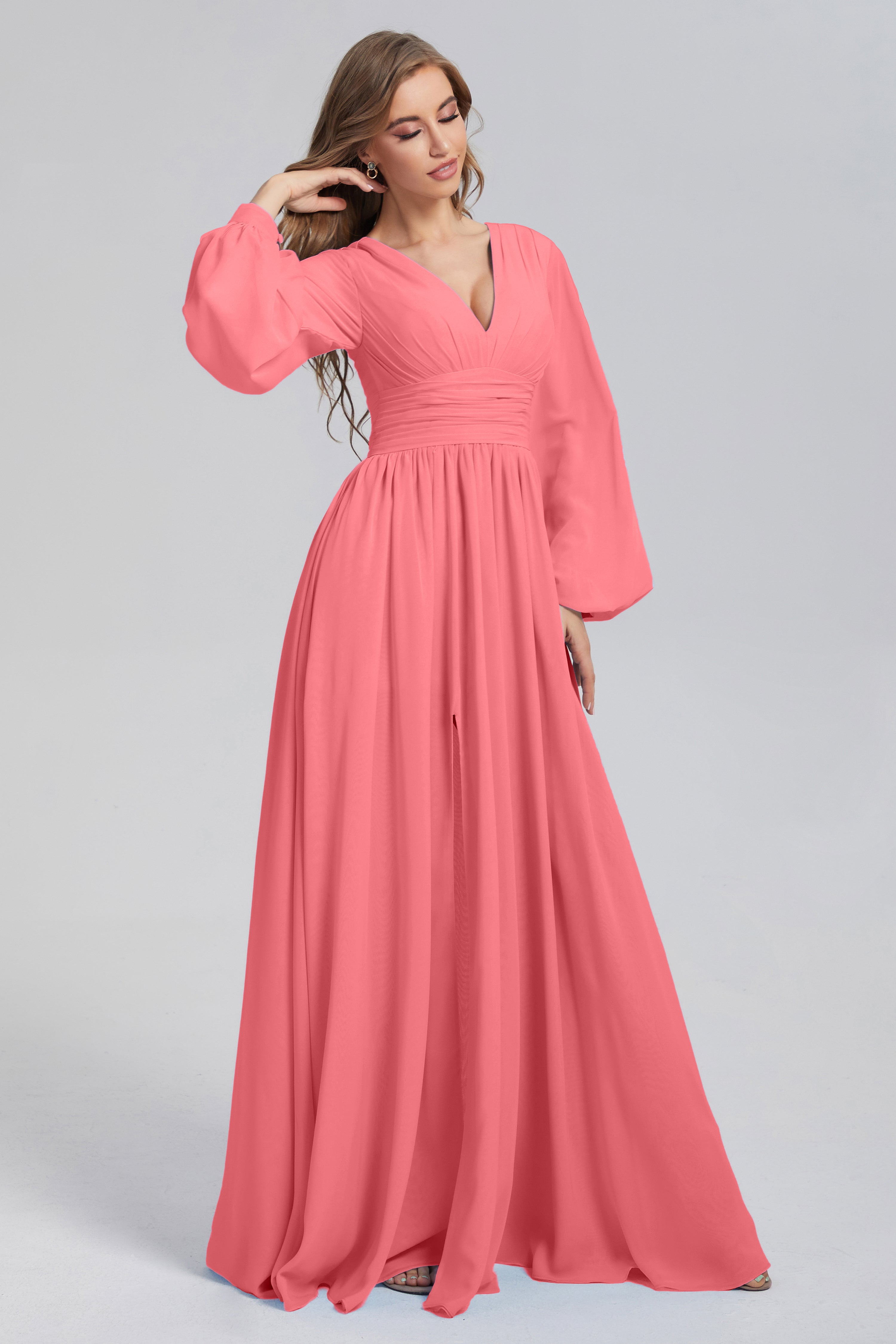 Split Long Sleeve Chiffon Prom Dresses