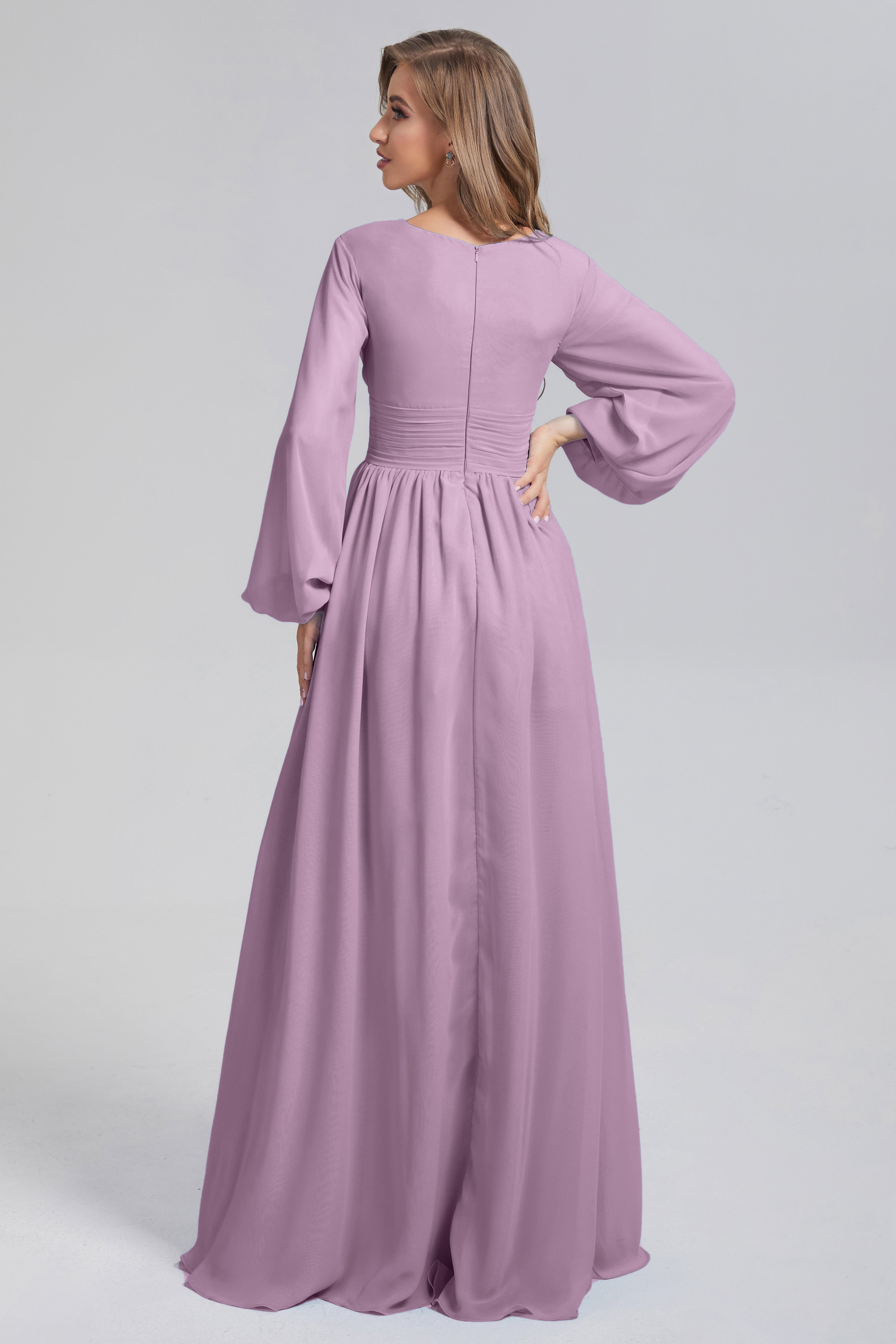 Split Long Sleeve Chiffon Prom Dresses