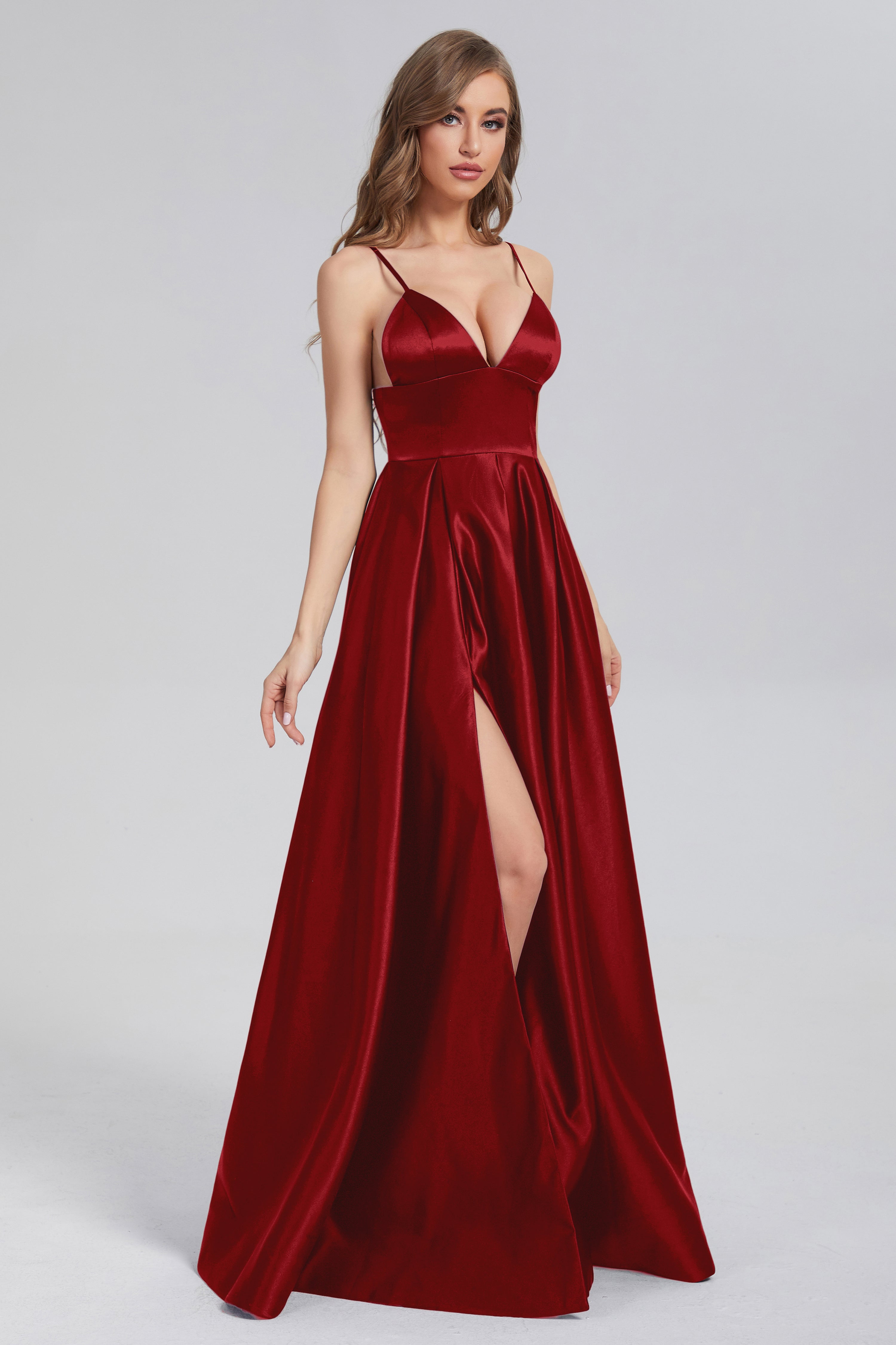 Split Spaghetti Straps Satin Prom Dresses