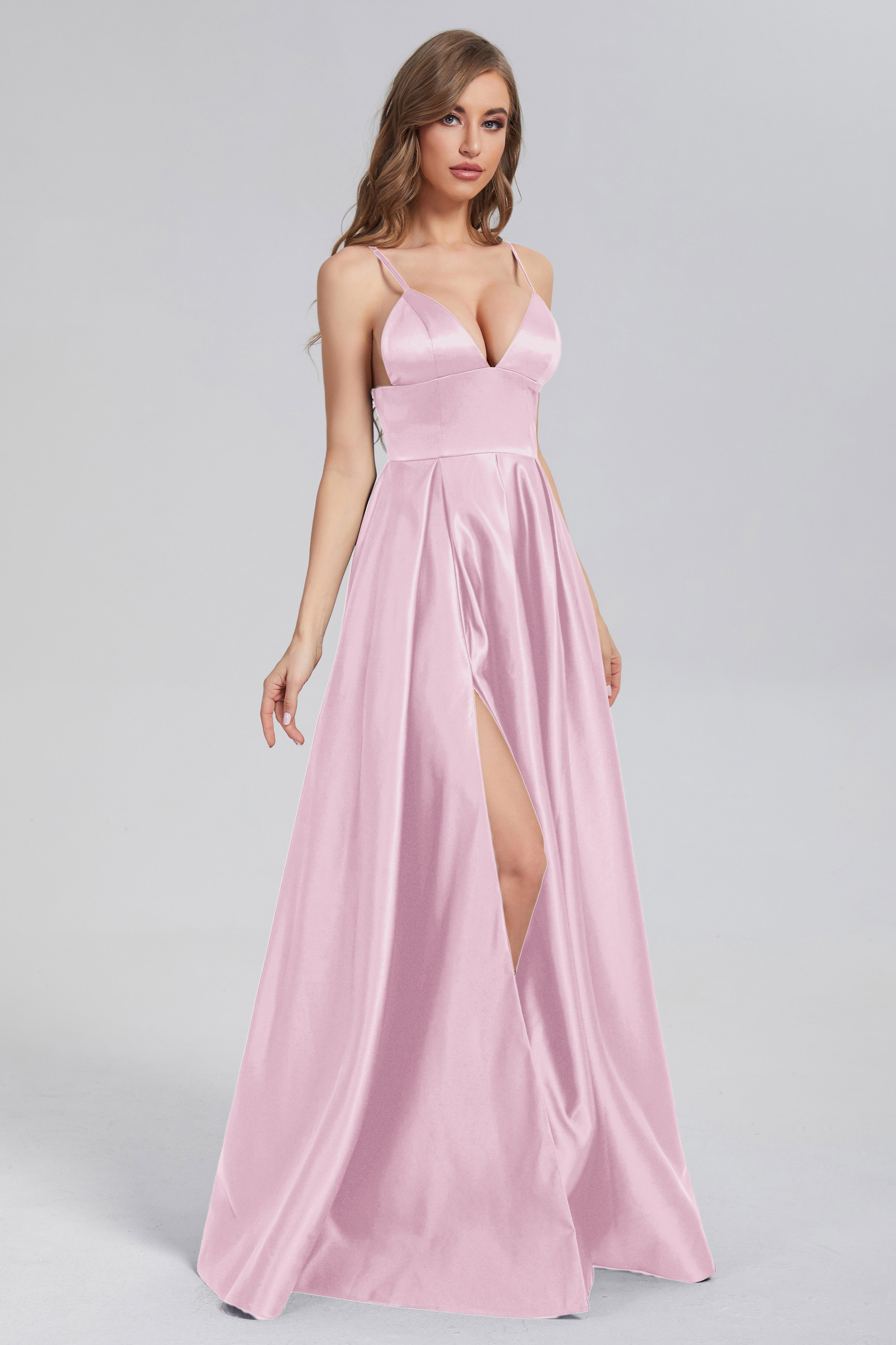 Split Spaghetti Straps Satin Prom Dresses