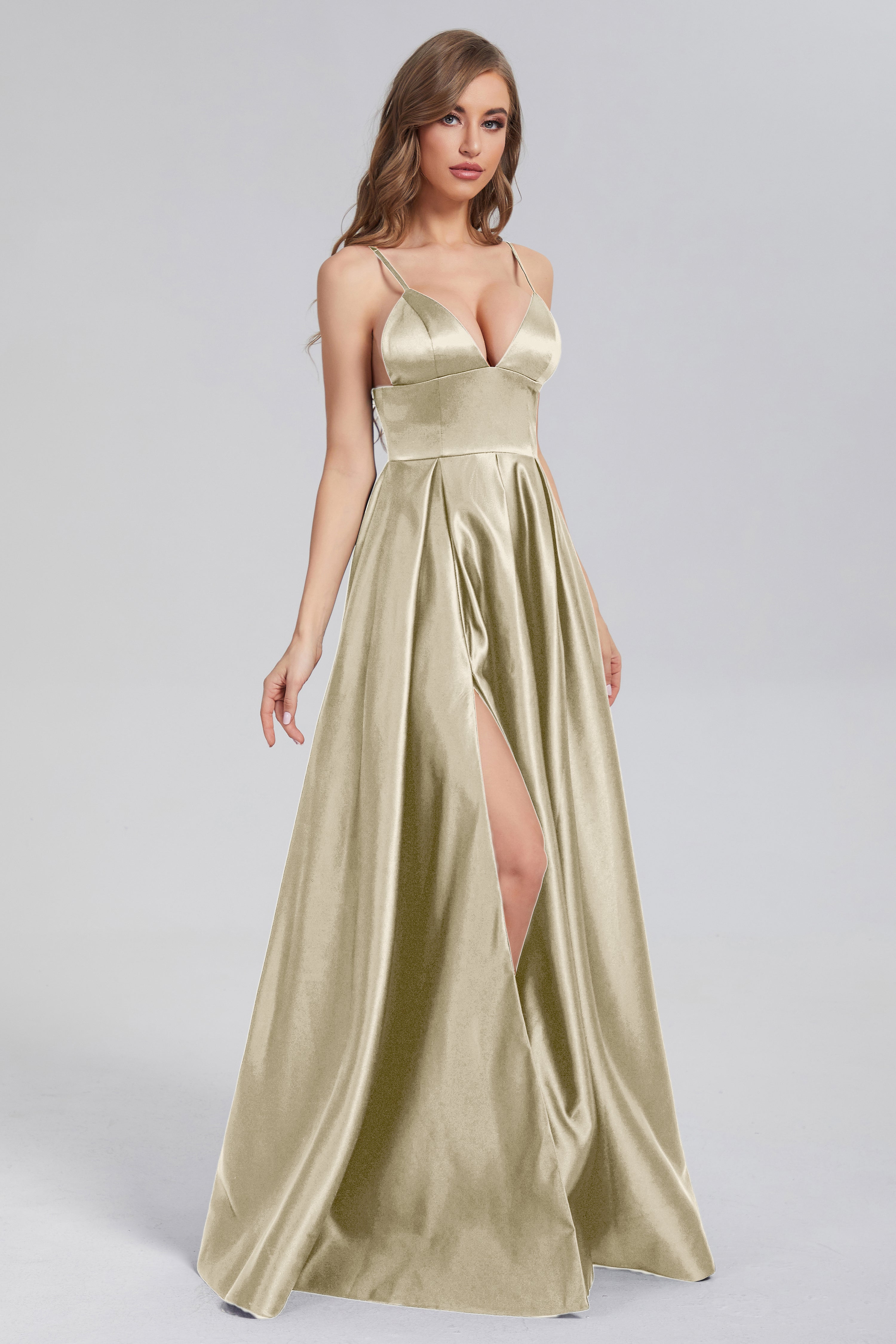 Split Spaghetti Straps Satin Prom Dresses