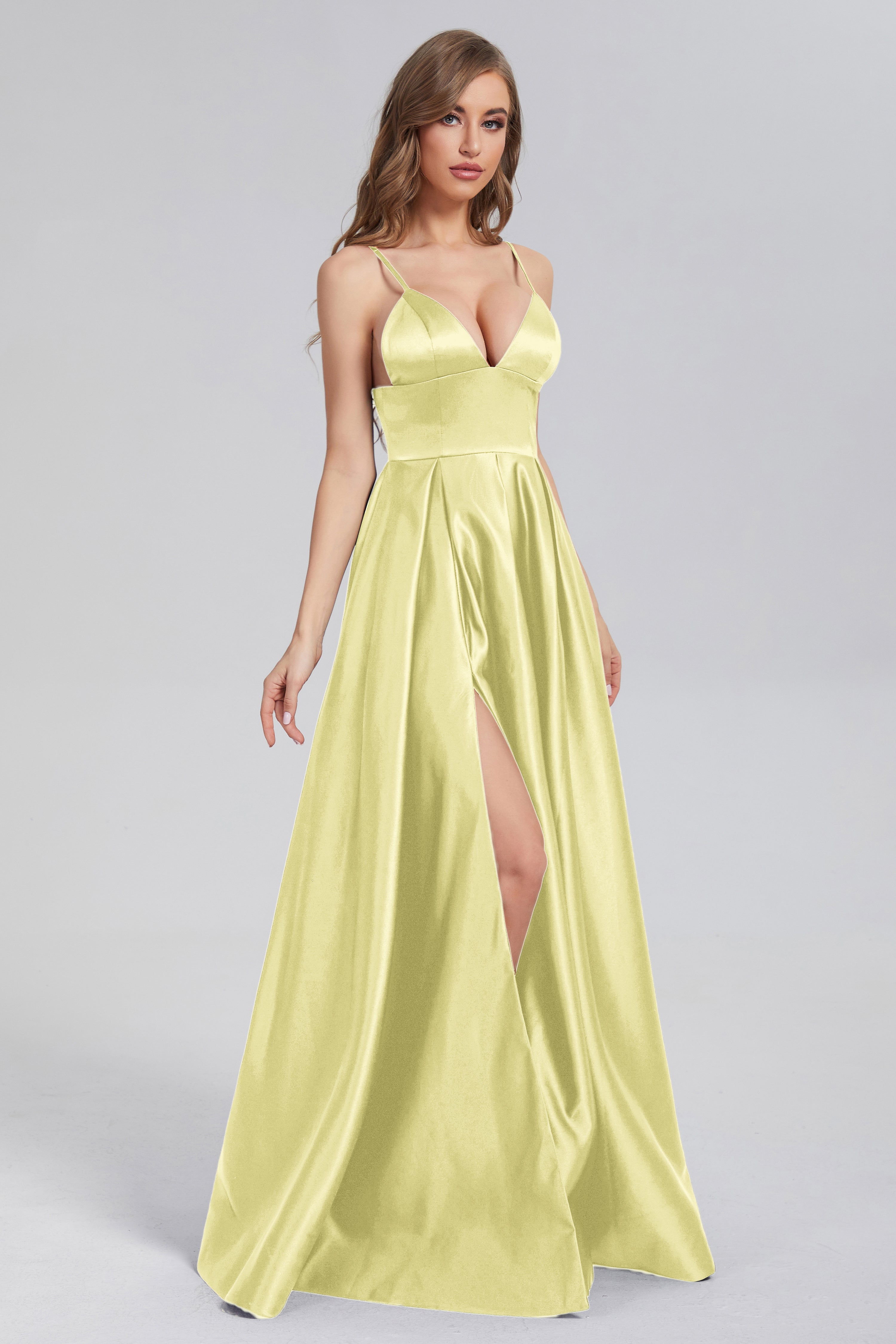 Split Spaghetti Straps Satin Prom Dresses