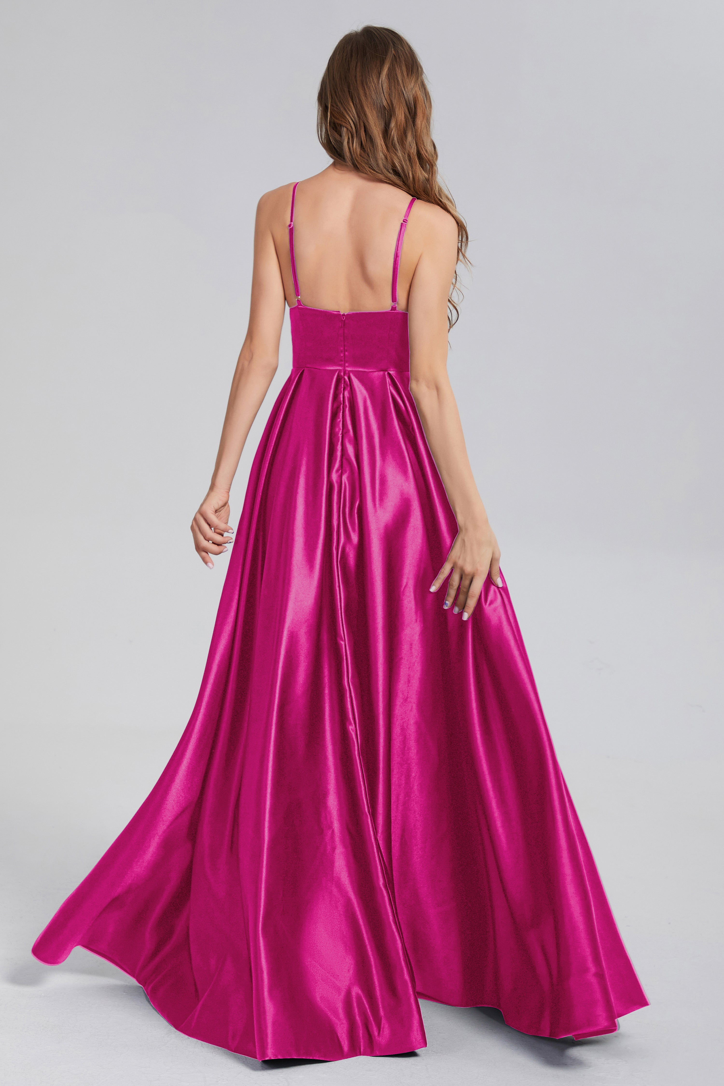 Split Spaghetti Straps Satin Prom Dresses