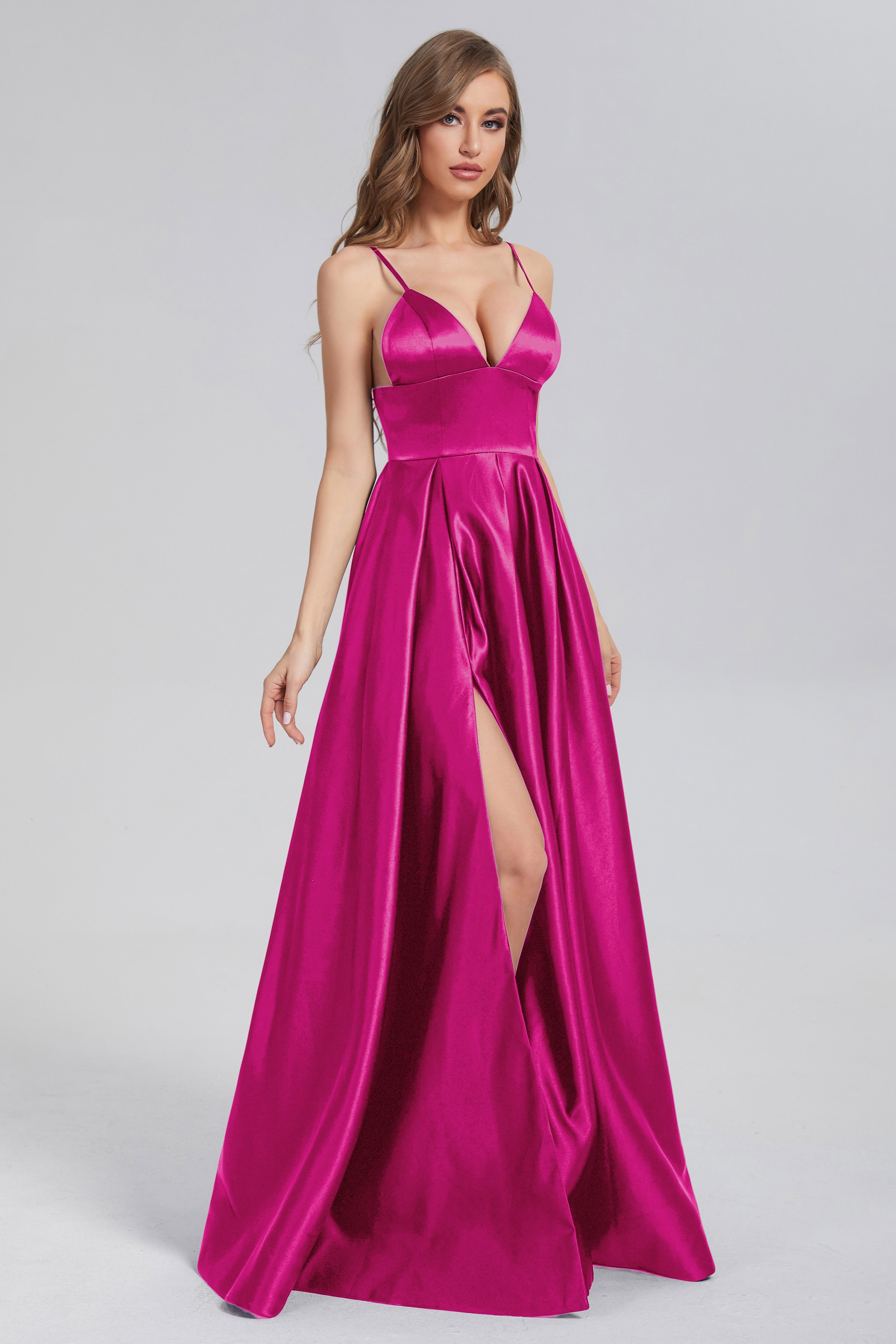 Split Spaghetti Straps Satin Prom Dresses