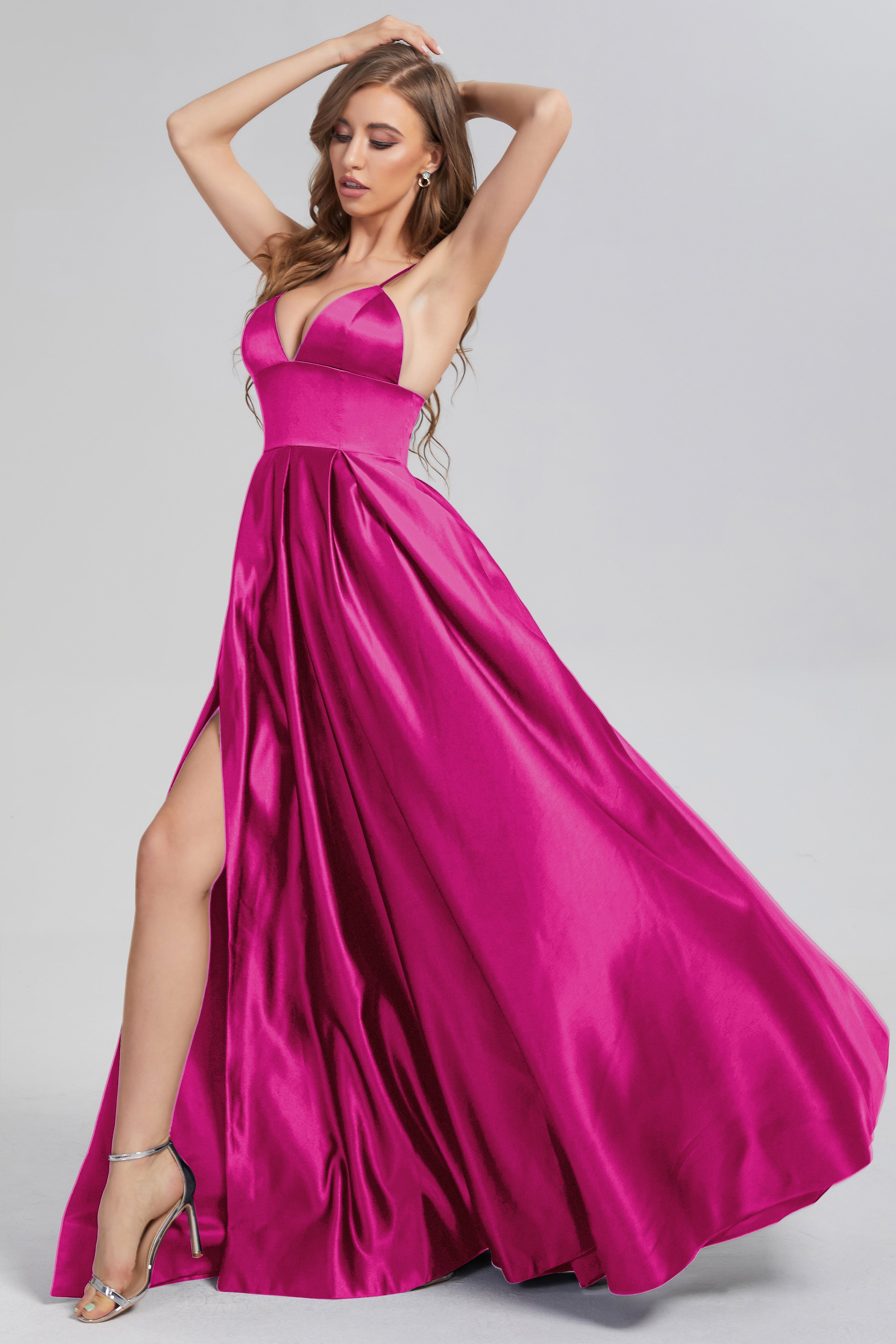 Split Spaghetti Straps Satin Prom Dresses