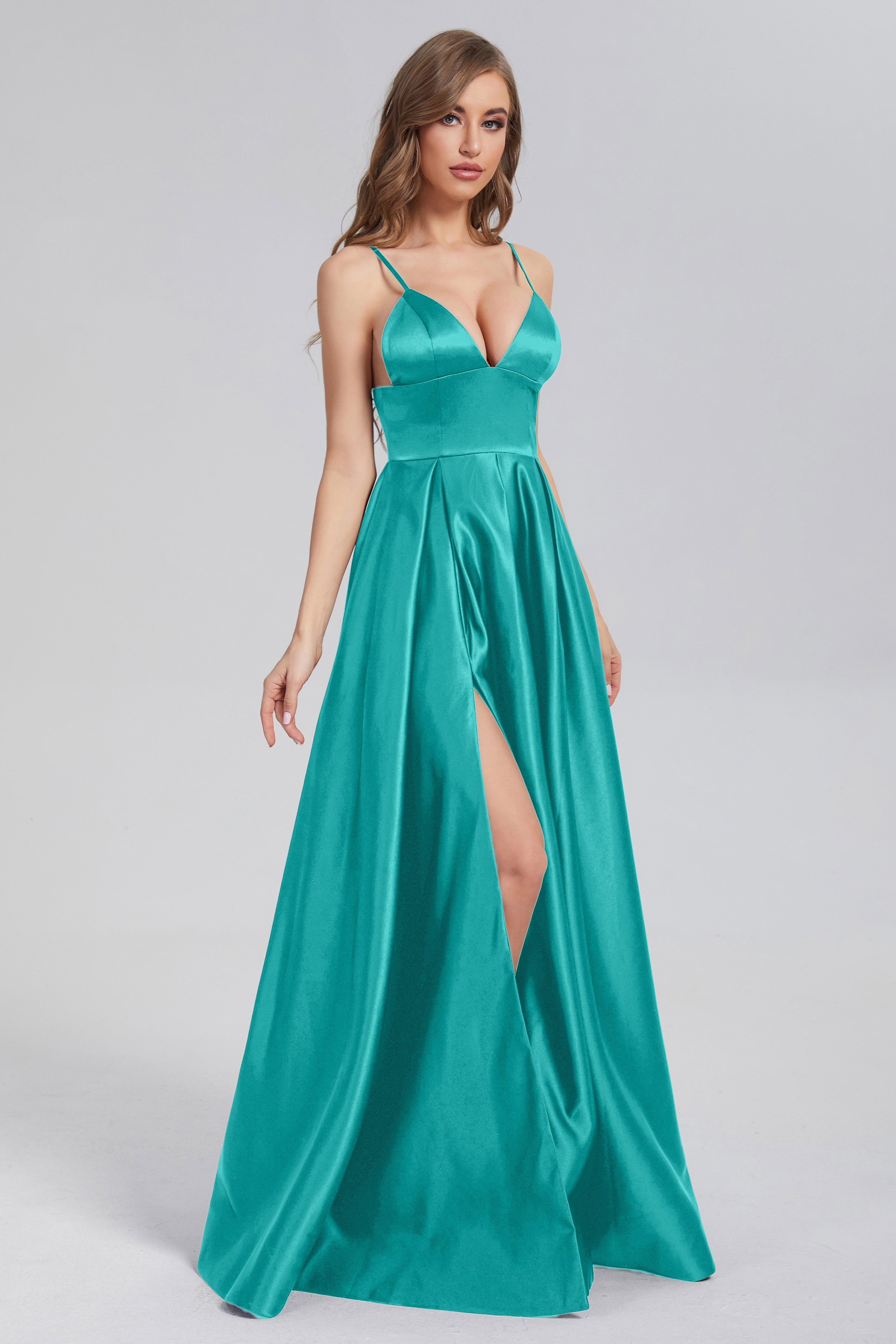 Split Spaghetti Straps Satin Prom Dresses