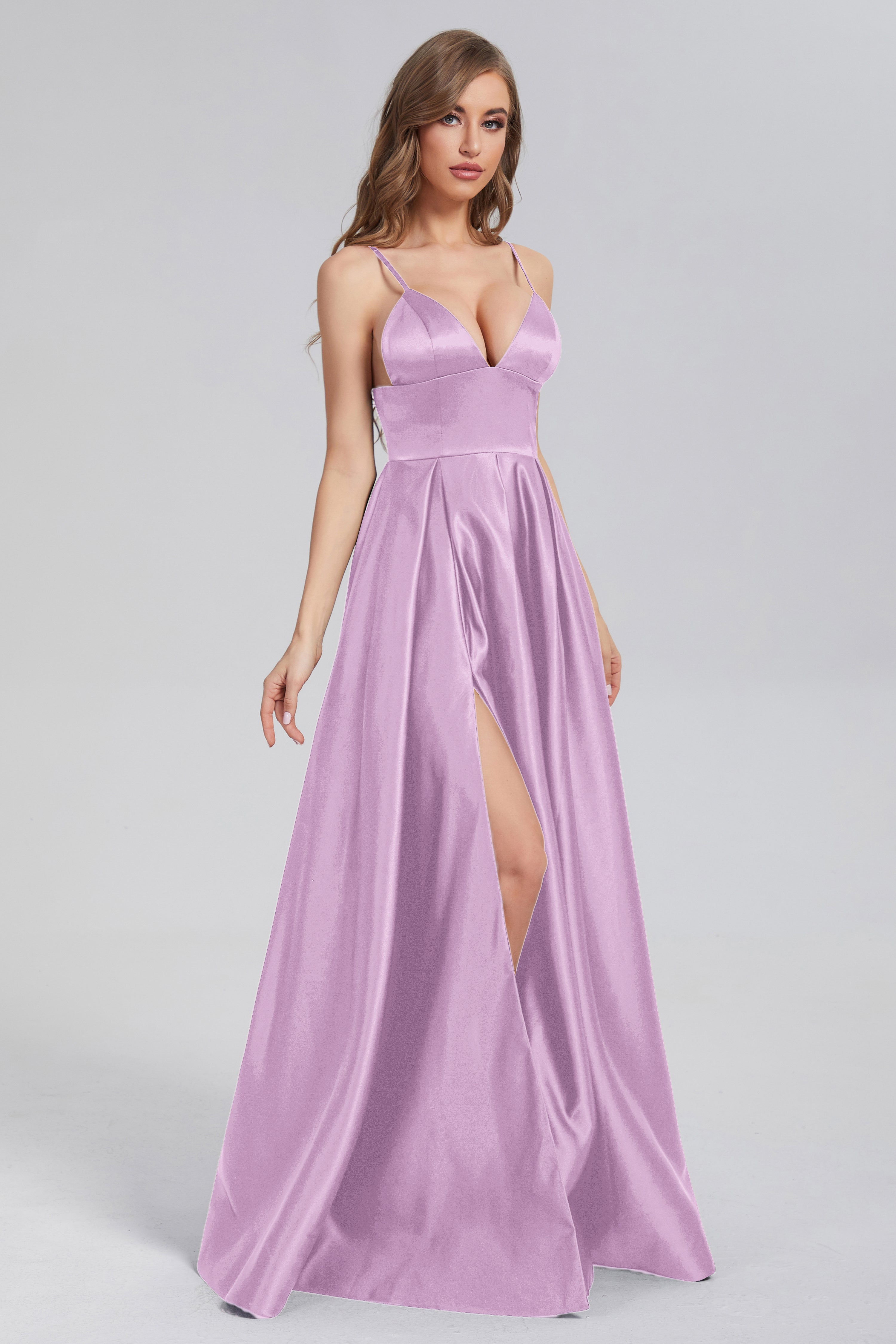 Split Spaghetti Straps Satin Prom Dresses