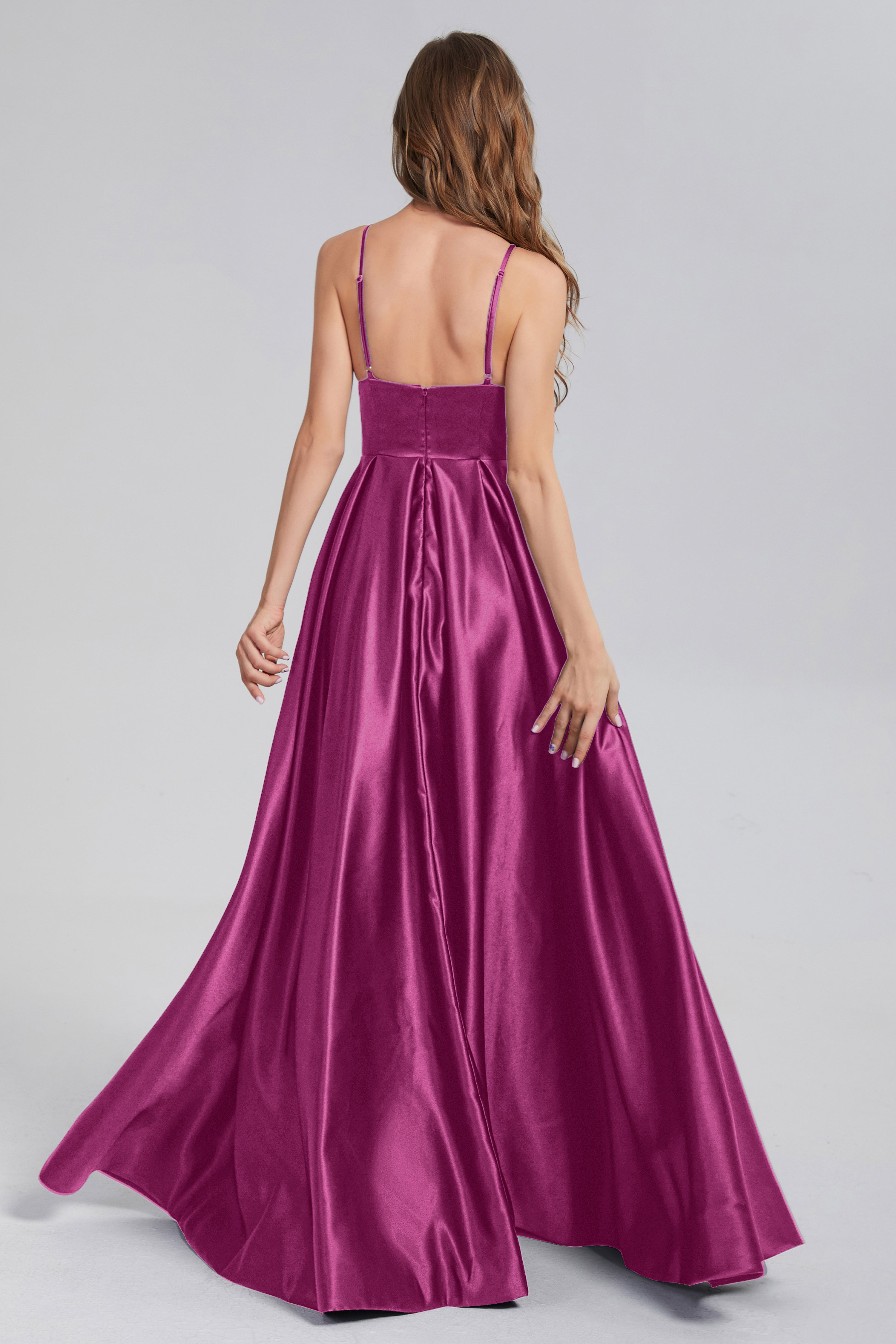 Split Spaghetti Straps Satin Prom Dresses