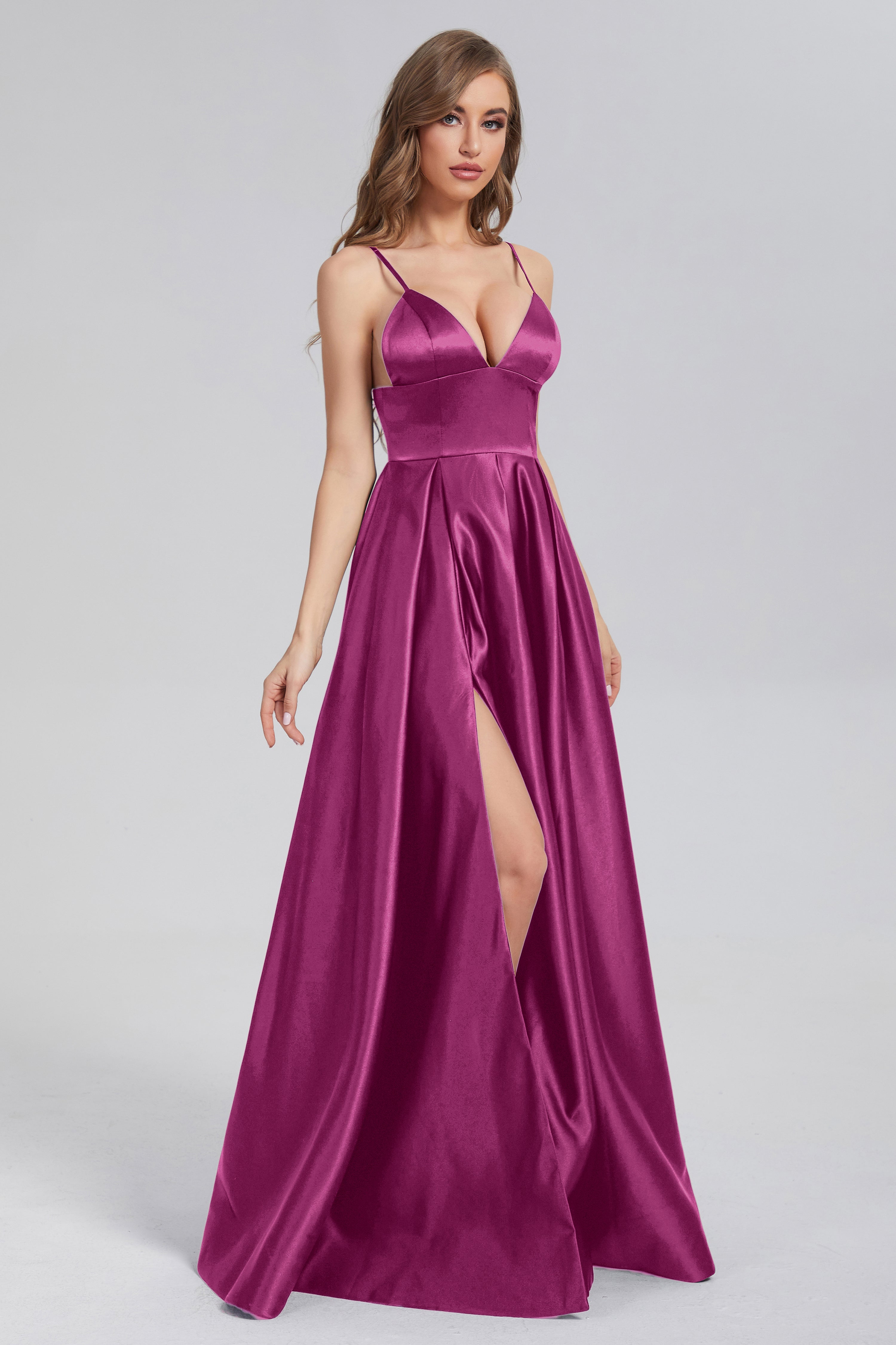 Split Spaghetti Straps Satin Prom Dresses