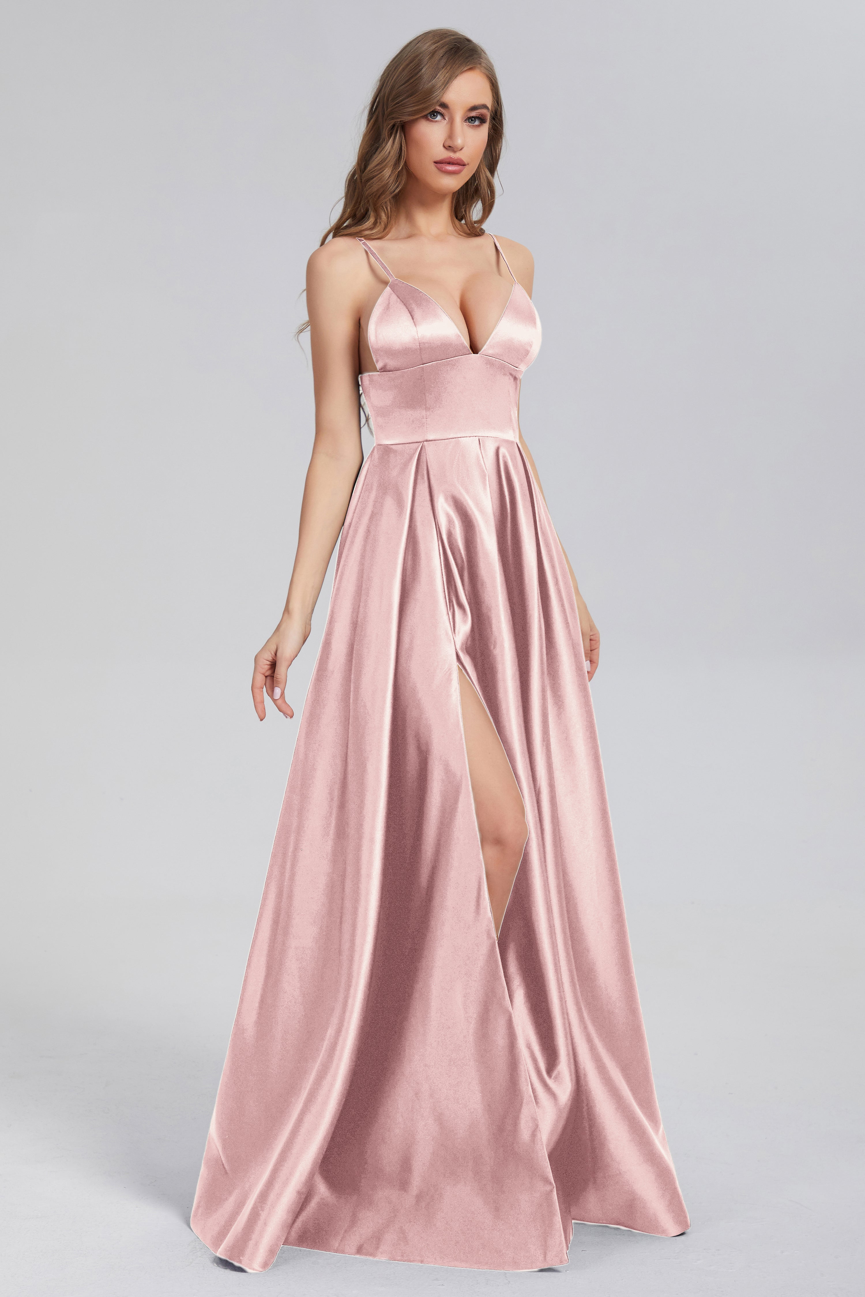 Split Spaghetti Straps Satin Prom Dresses