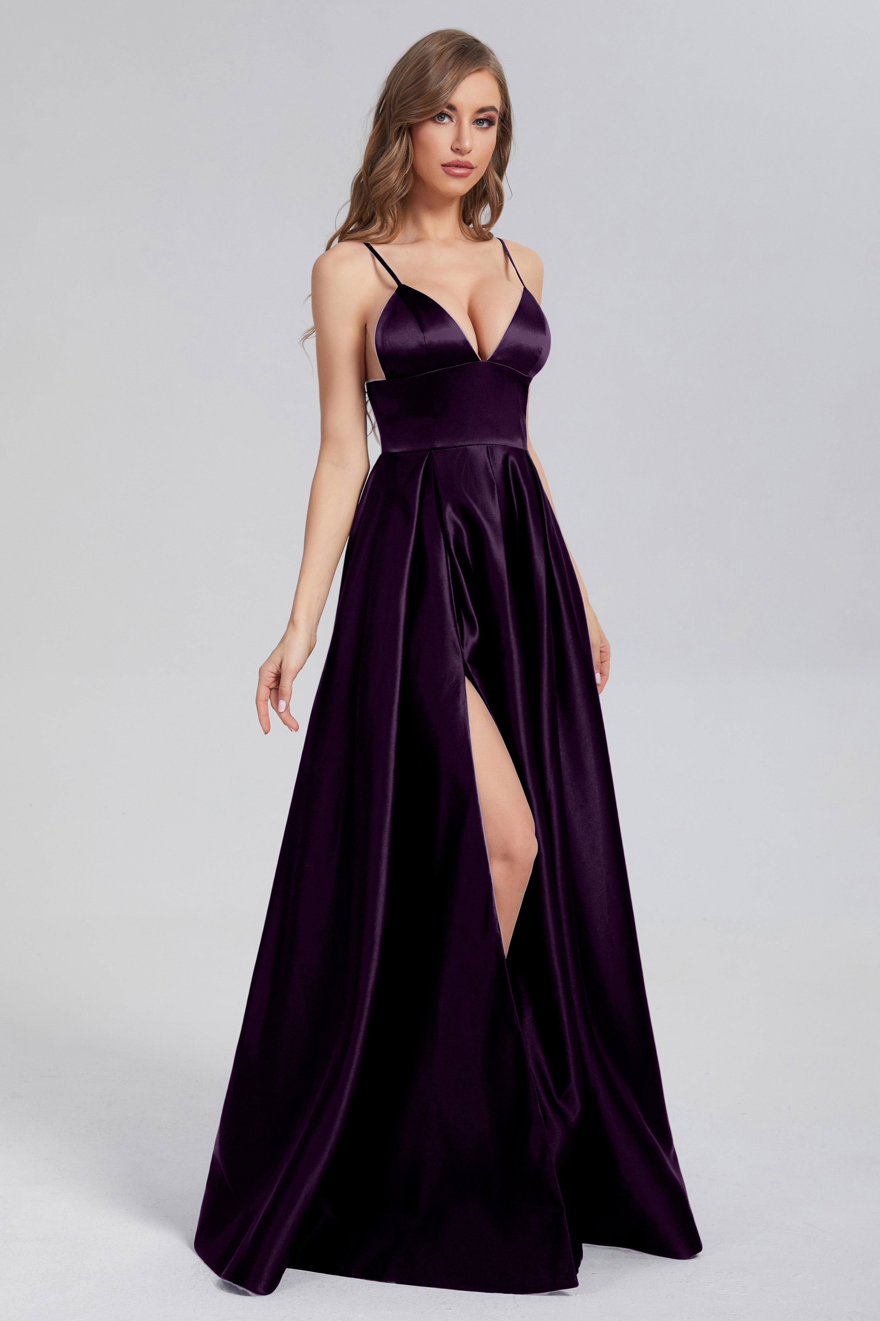 Split Spaghetti Straps Satin Prom Dresses