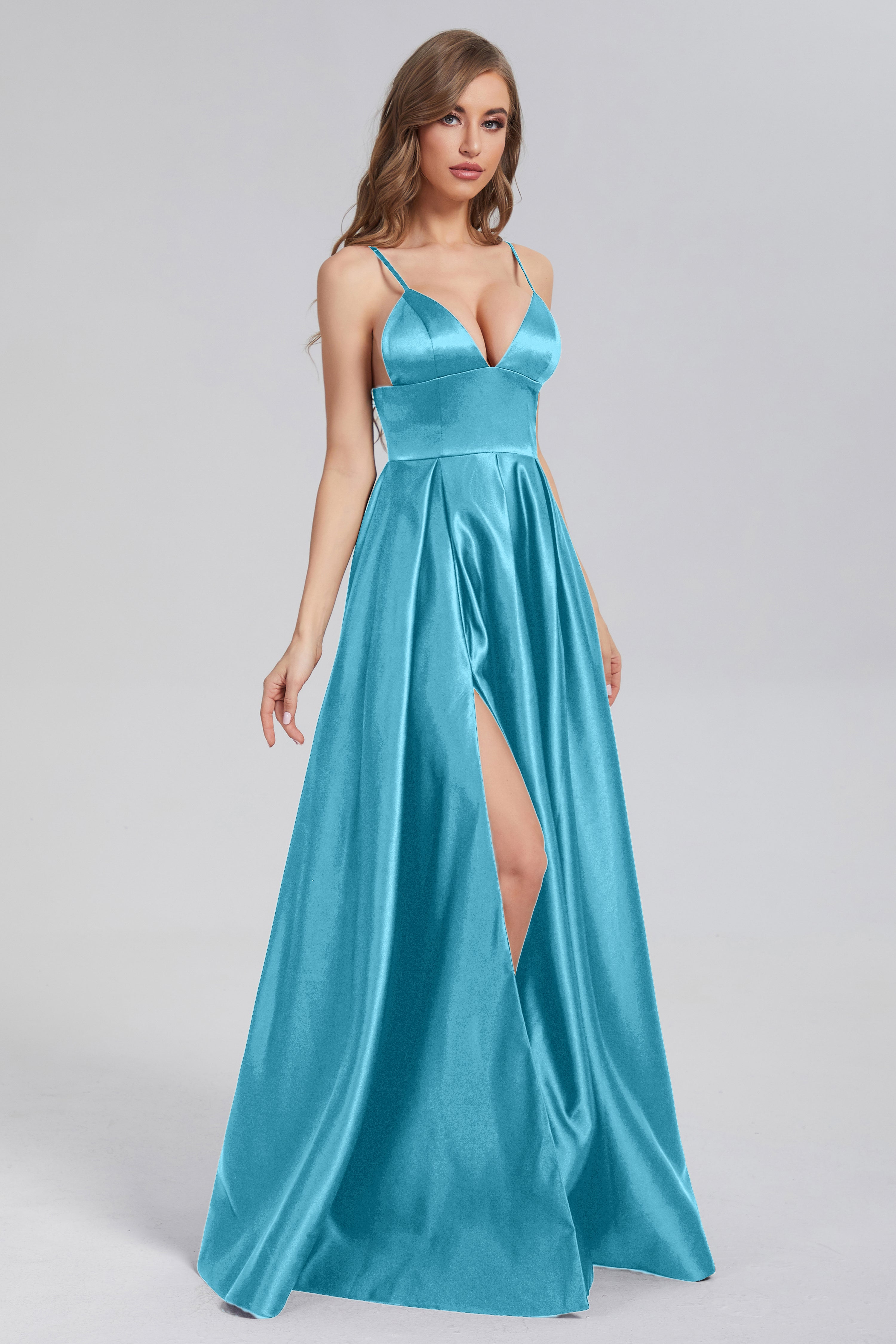 Split Spaghetti Straps Satin Prom Dresses