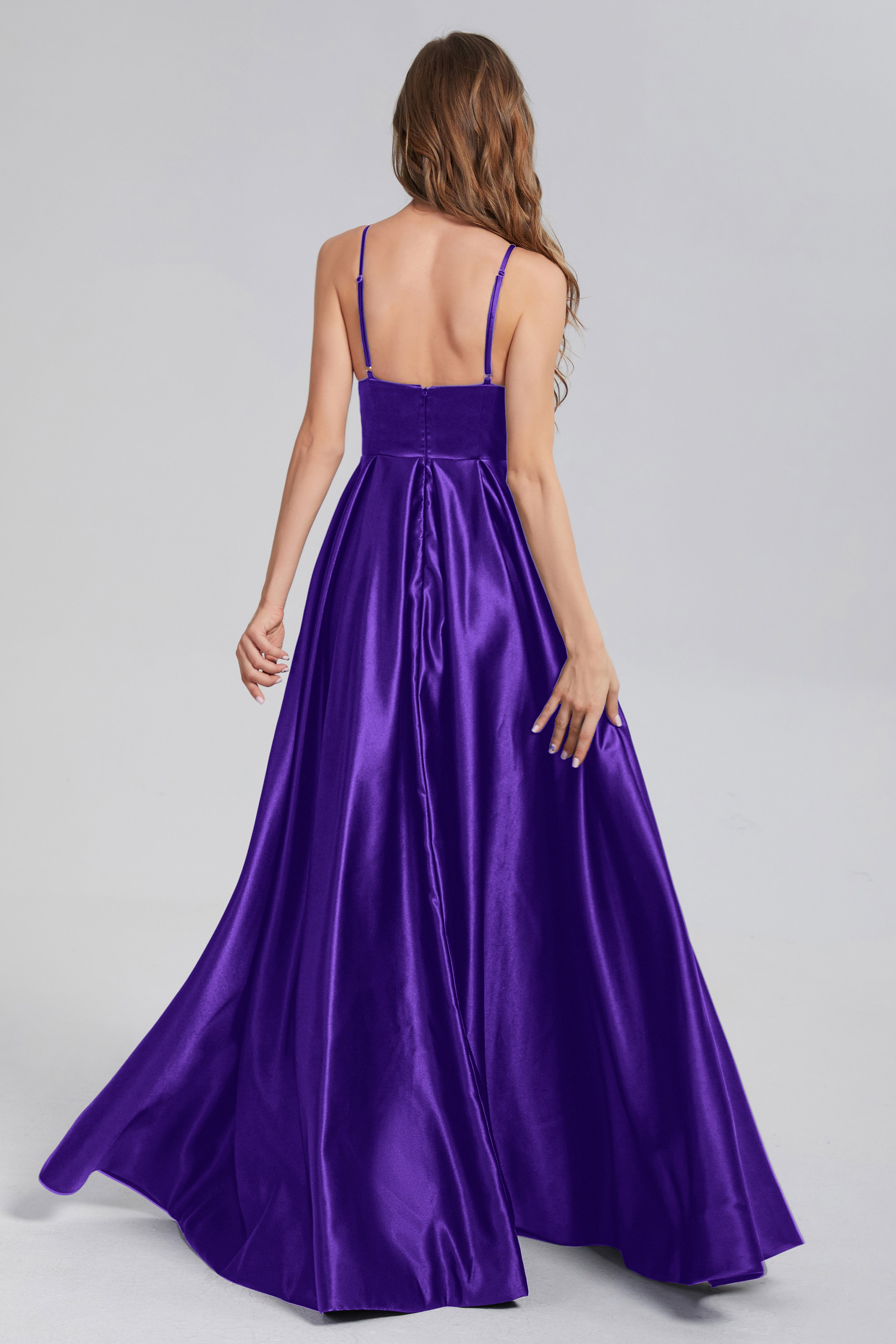 Split Spaghetti Straps Satin Prom Dresses