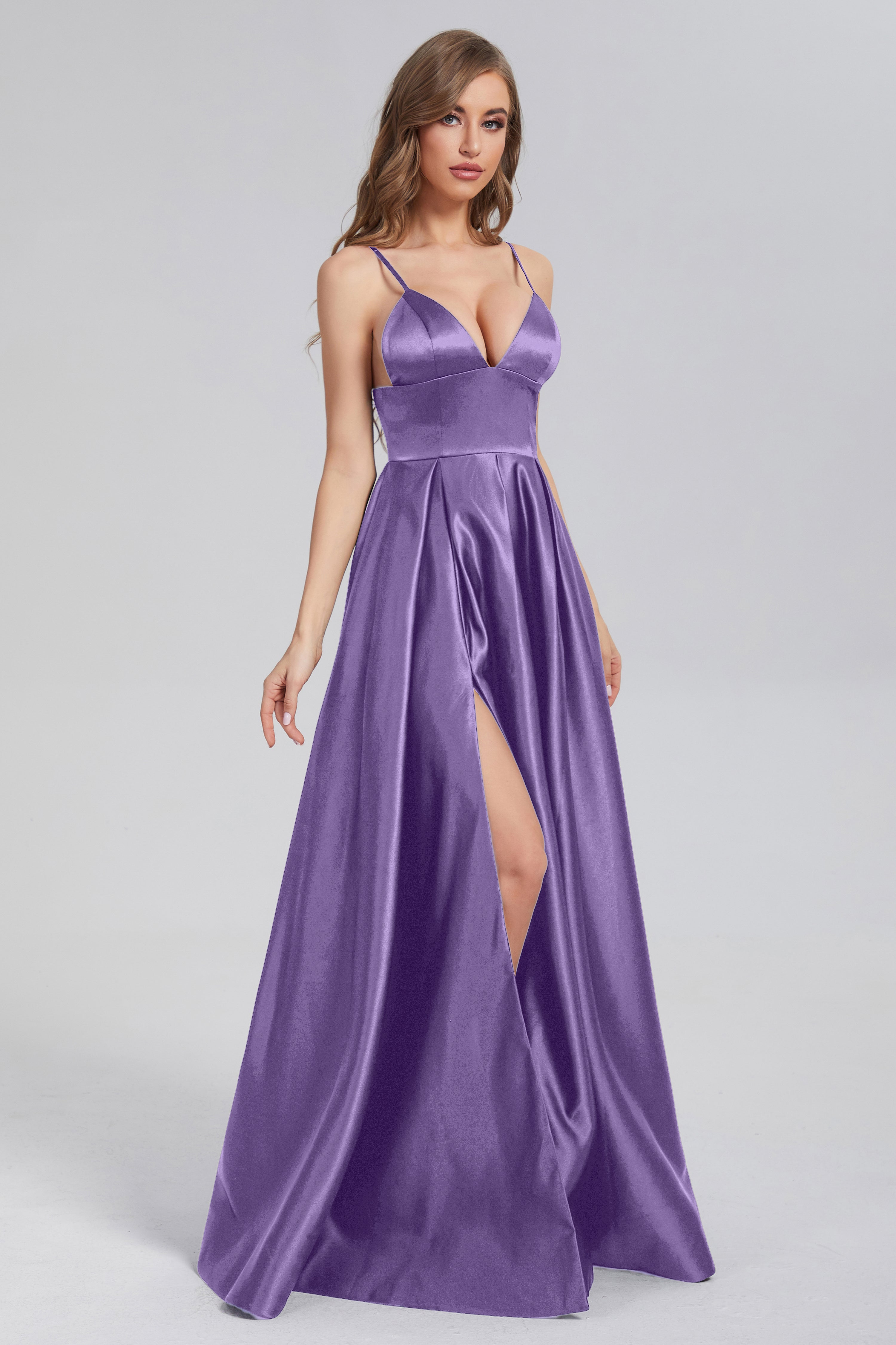 Split Spaghetti Straps Satin Prom Dresses