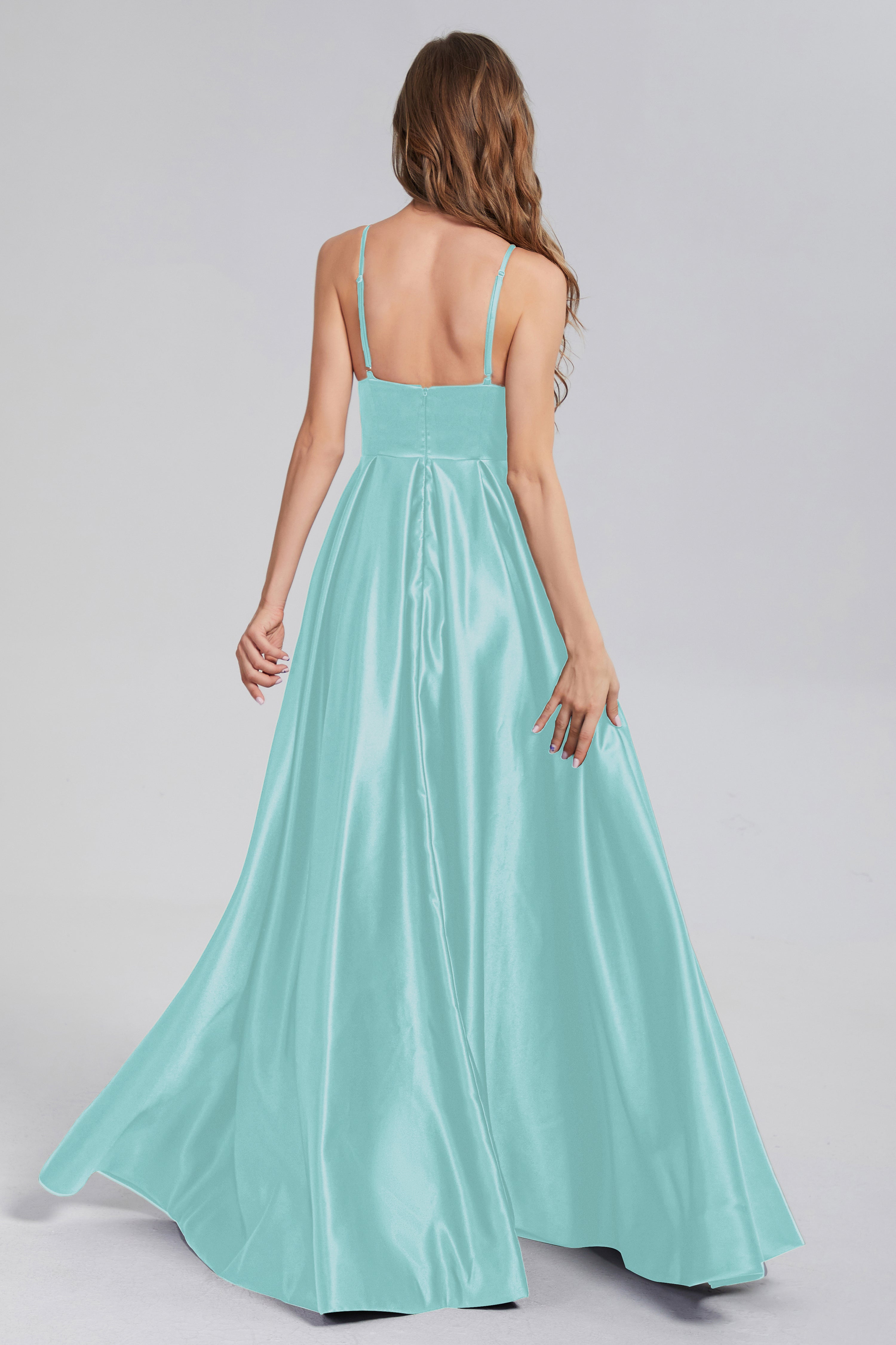 Split Spaghetti Straps Satin Prom Dresses