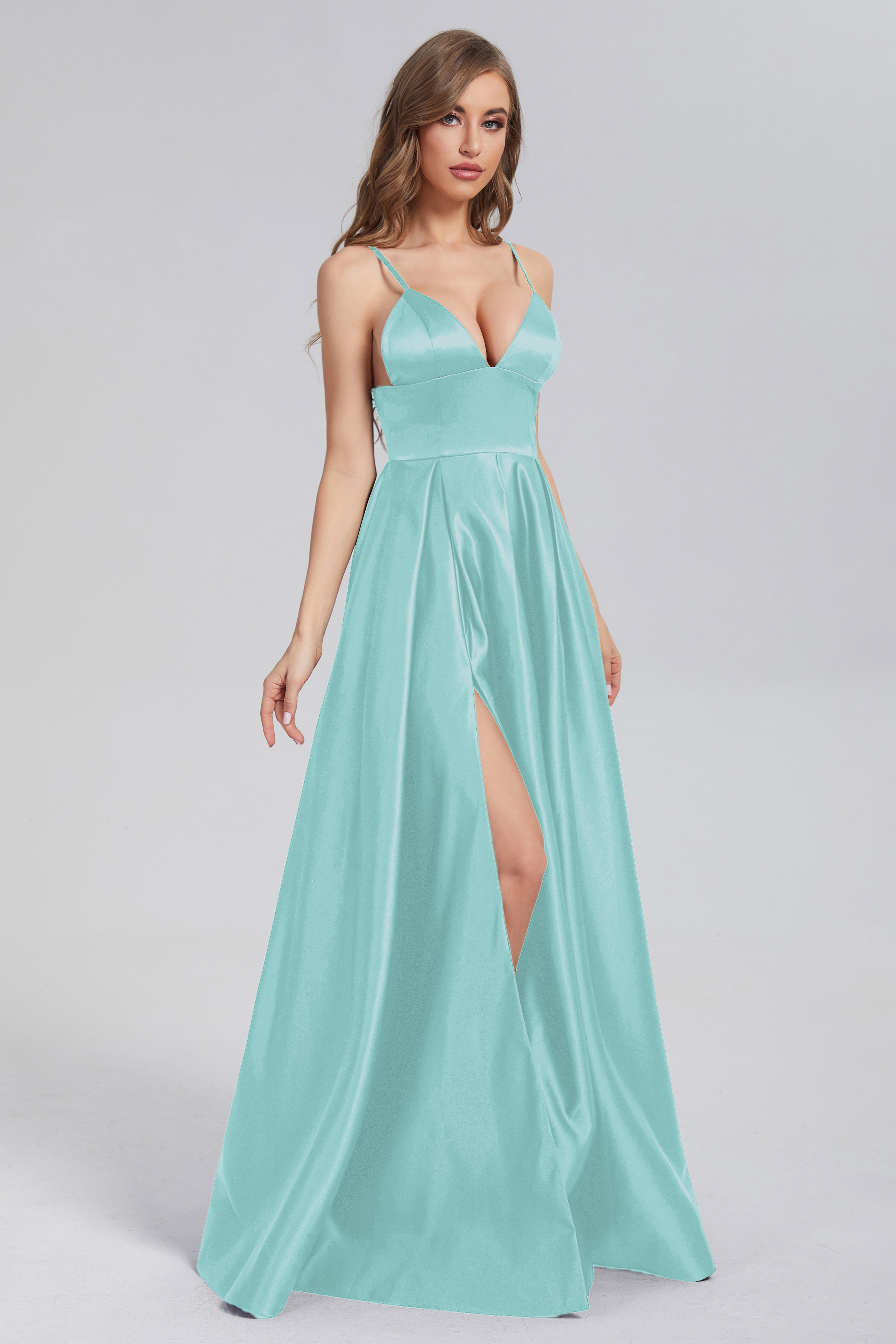 Split Spaghetti Straps Satin Prom Dresses