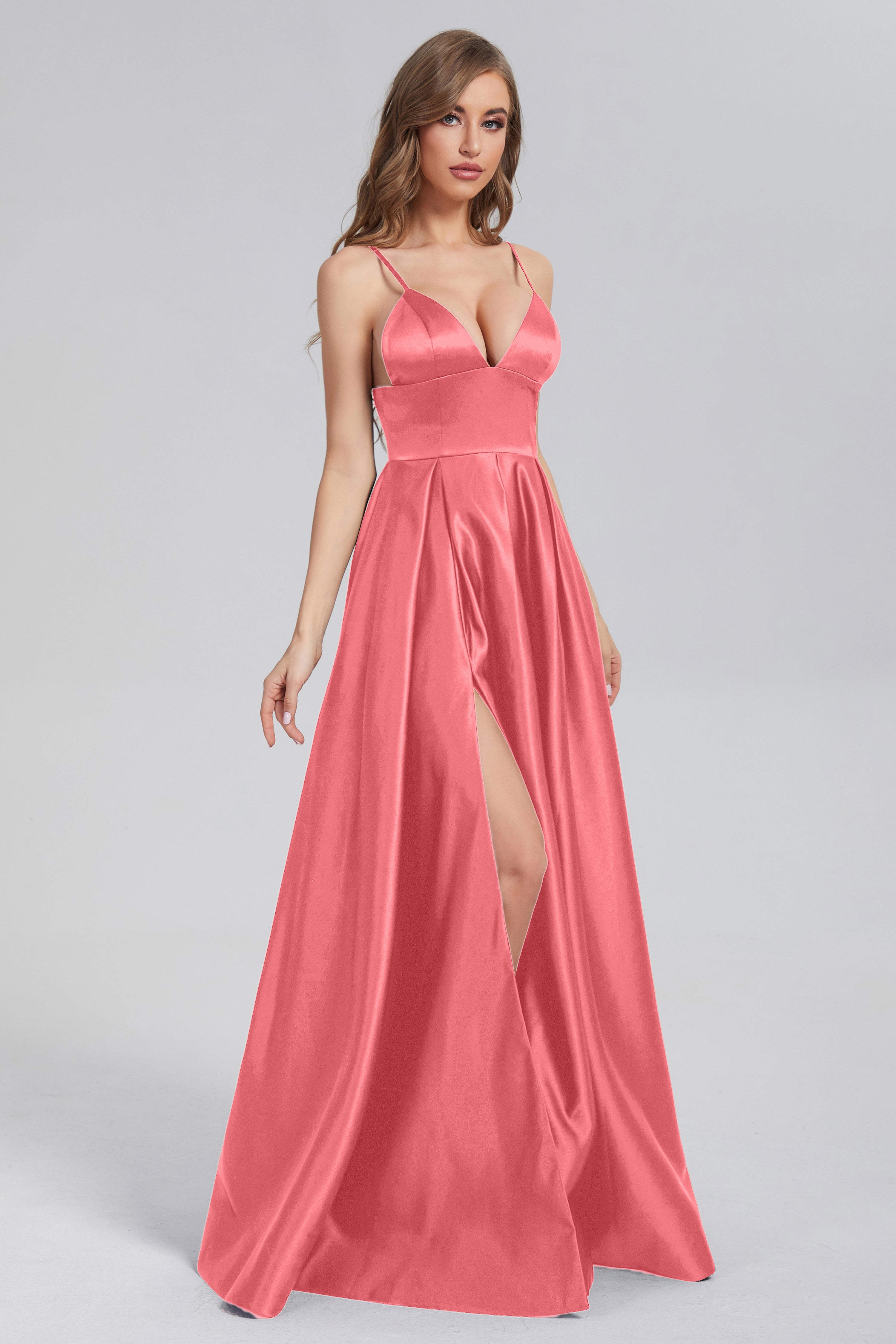 Split Spaghetti Straps Satin Prom Dresses