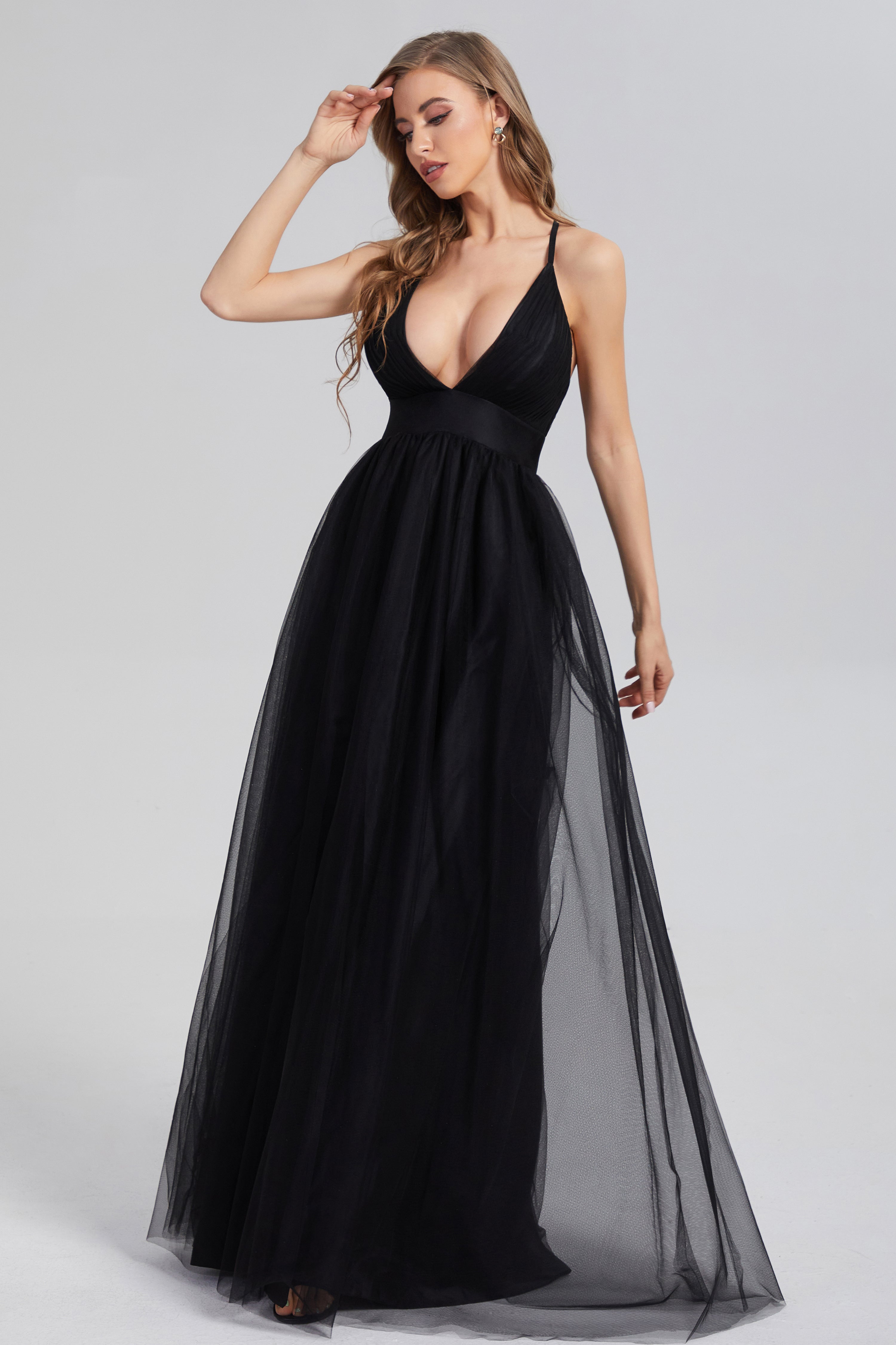 Split V-neck Tulle Prom Dresses