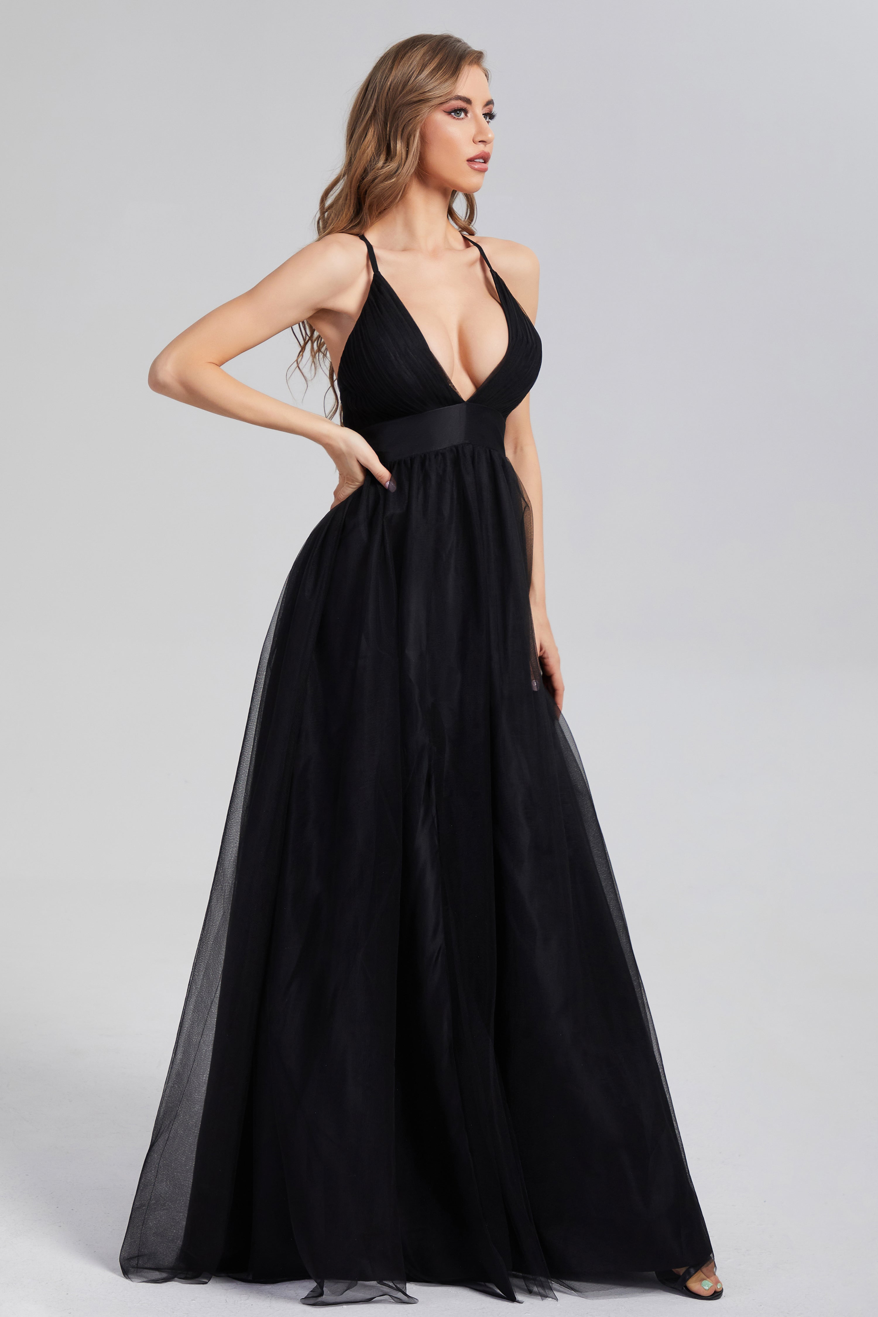 Split V-neck Tulle Prom Dresses