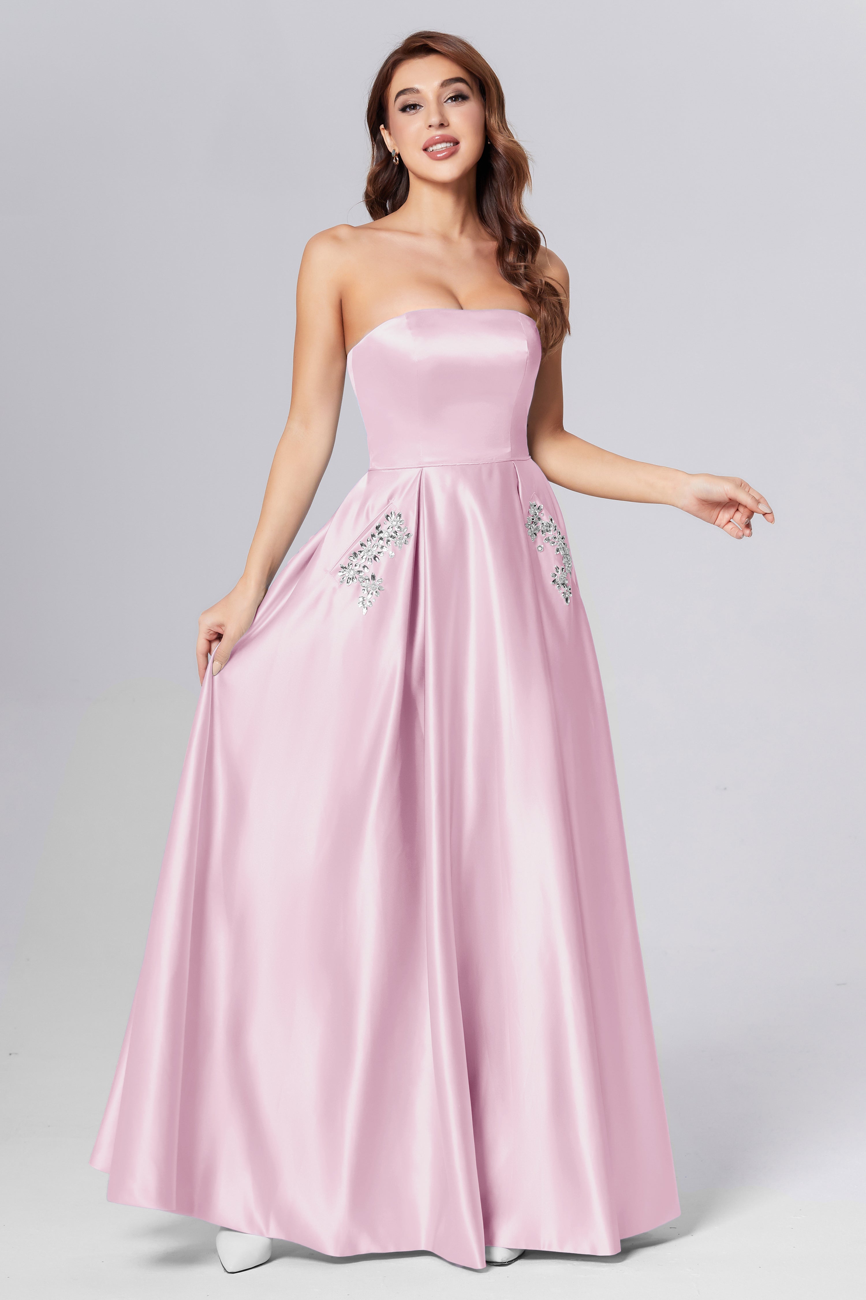 Pink prom dress with pockets hotsell