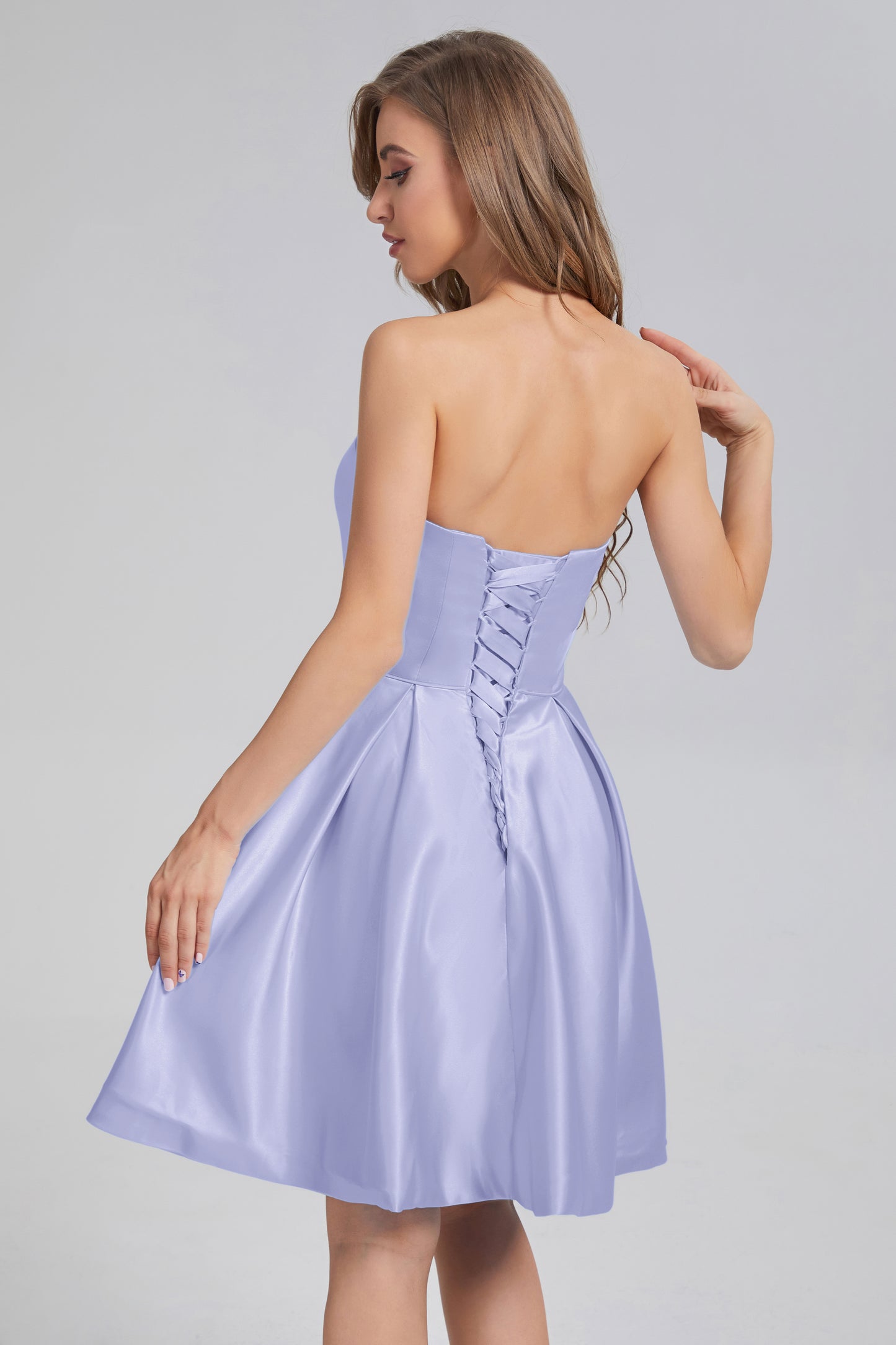 Strapless Lace up Short Prom Dresses with Pocket