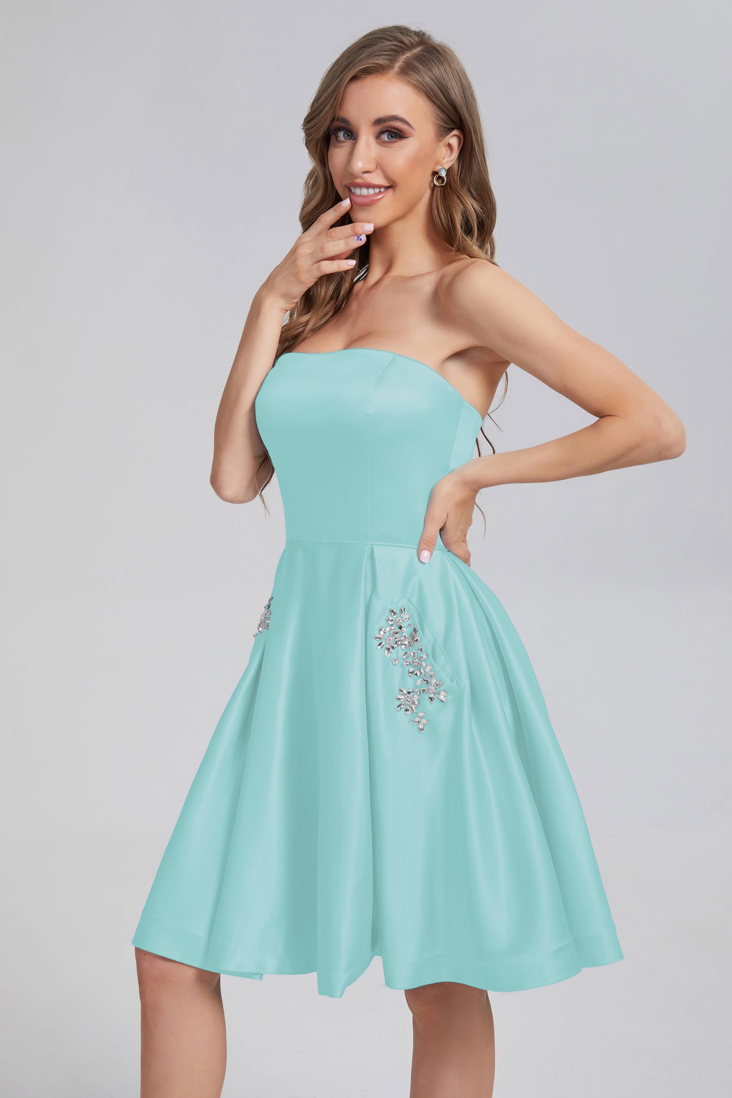 Strapless Lace up Short Prom Dresses with Pocket