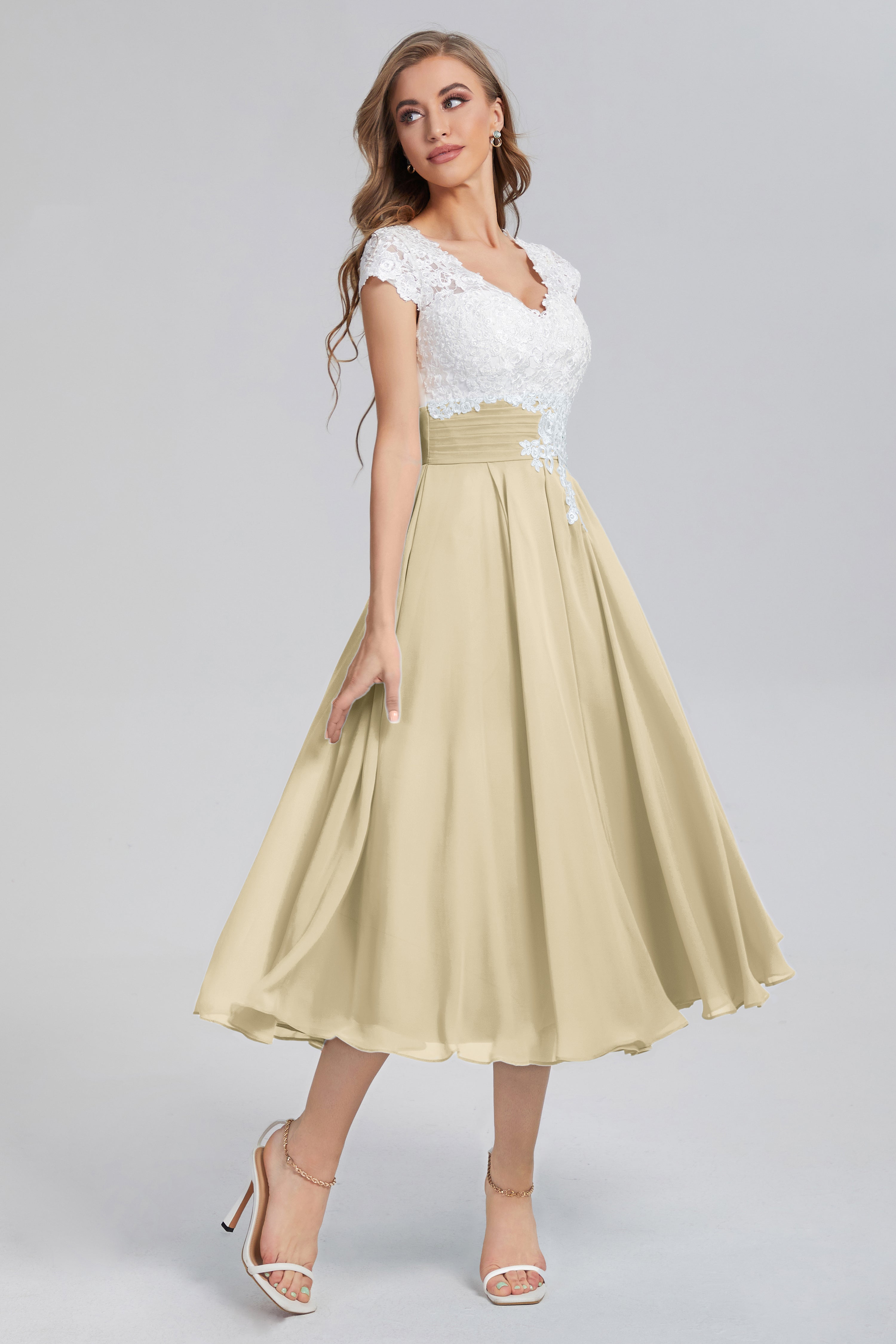 Tea Length V-neck Appliques Prom Dresses