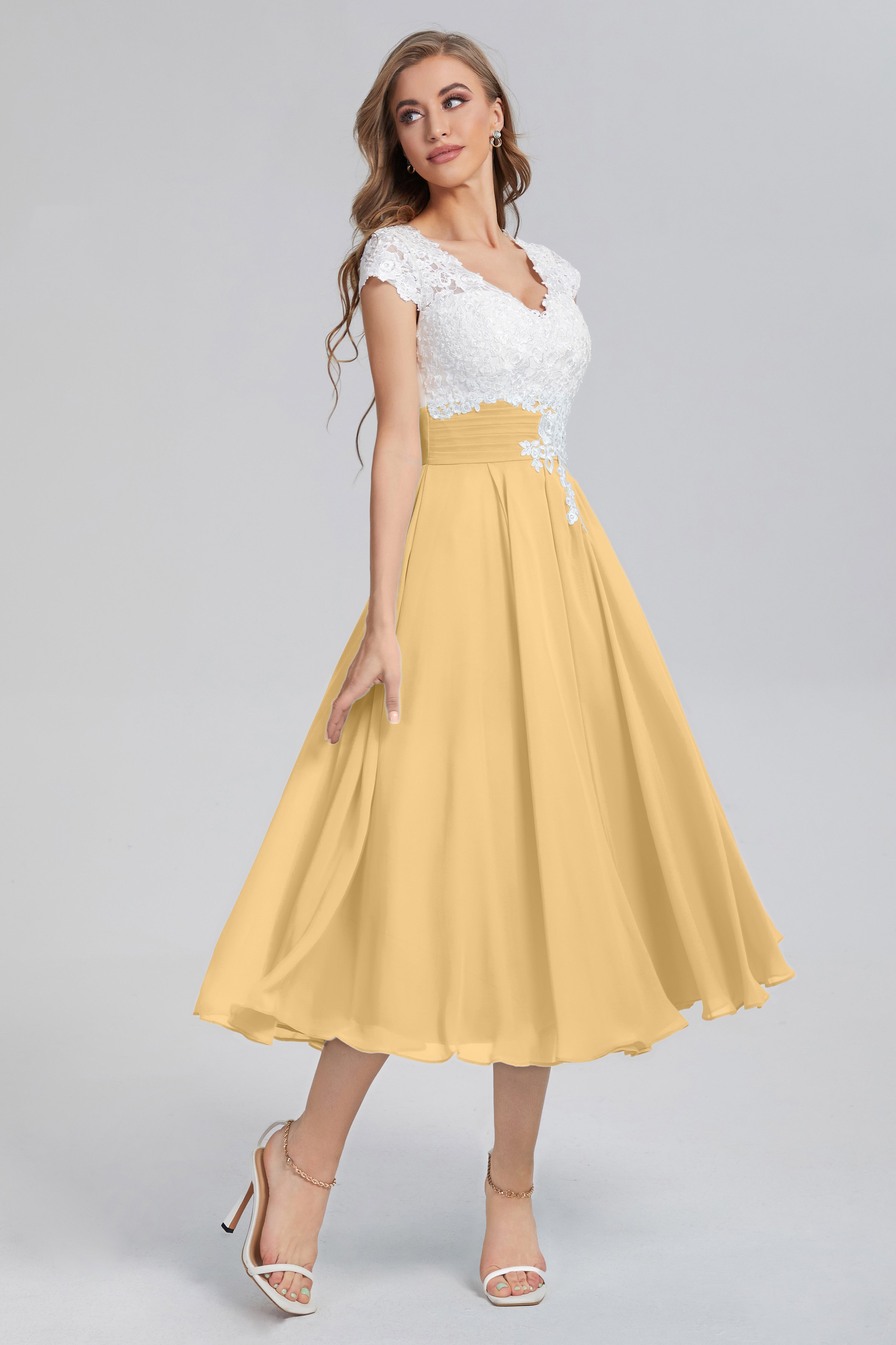 Tea Length V-neck Appliques Prom Dresses