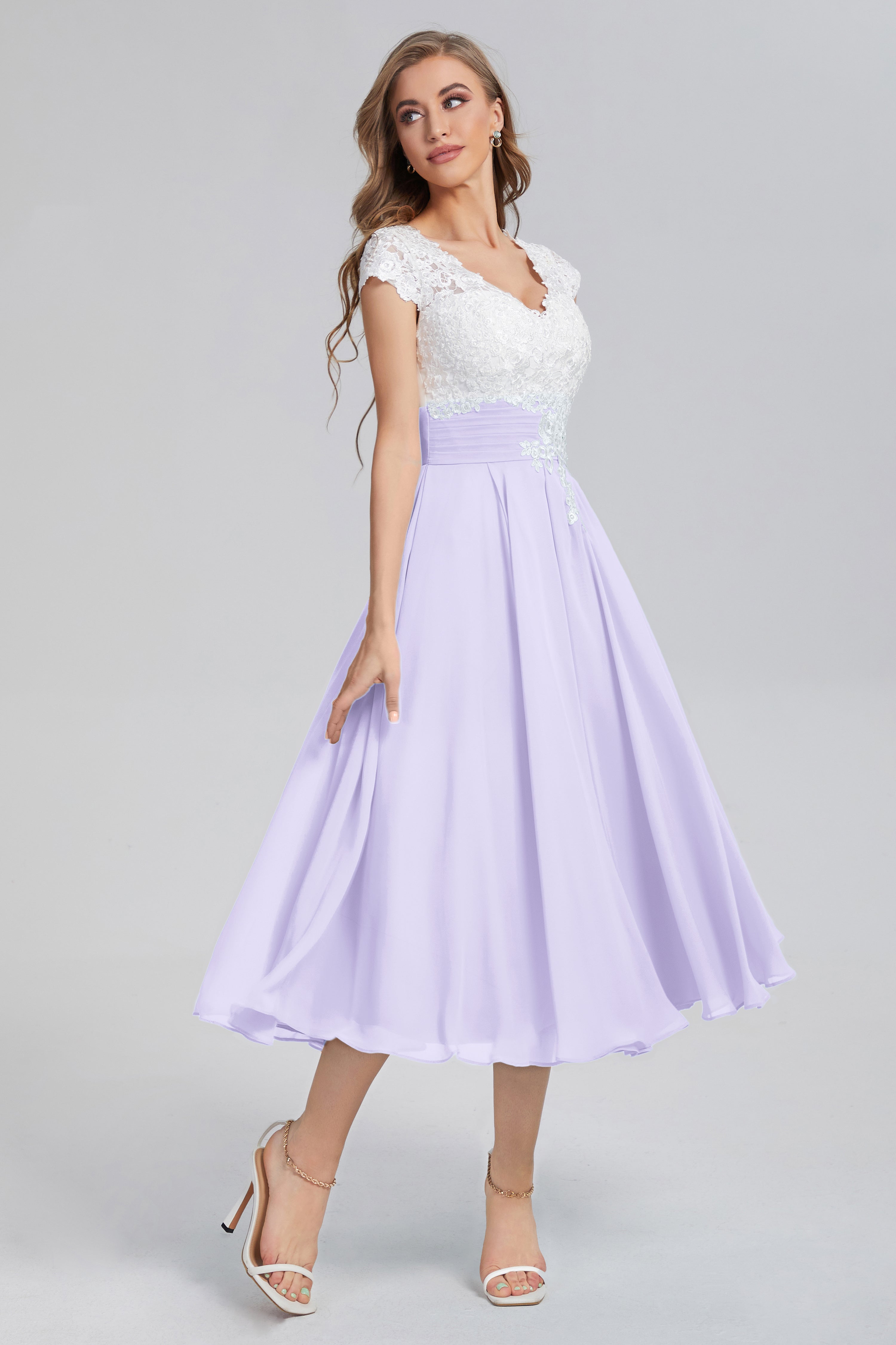 Tea Length V-neck Appliques Prom Dresses