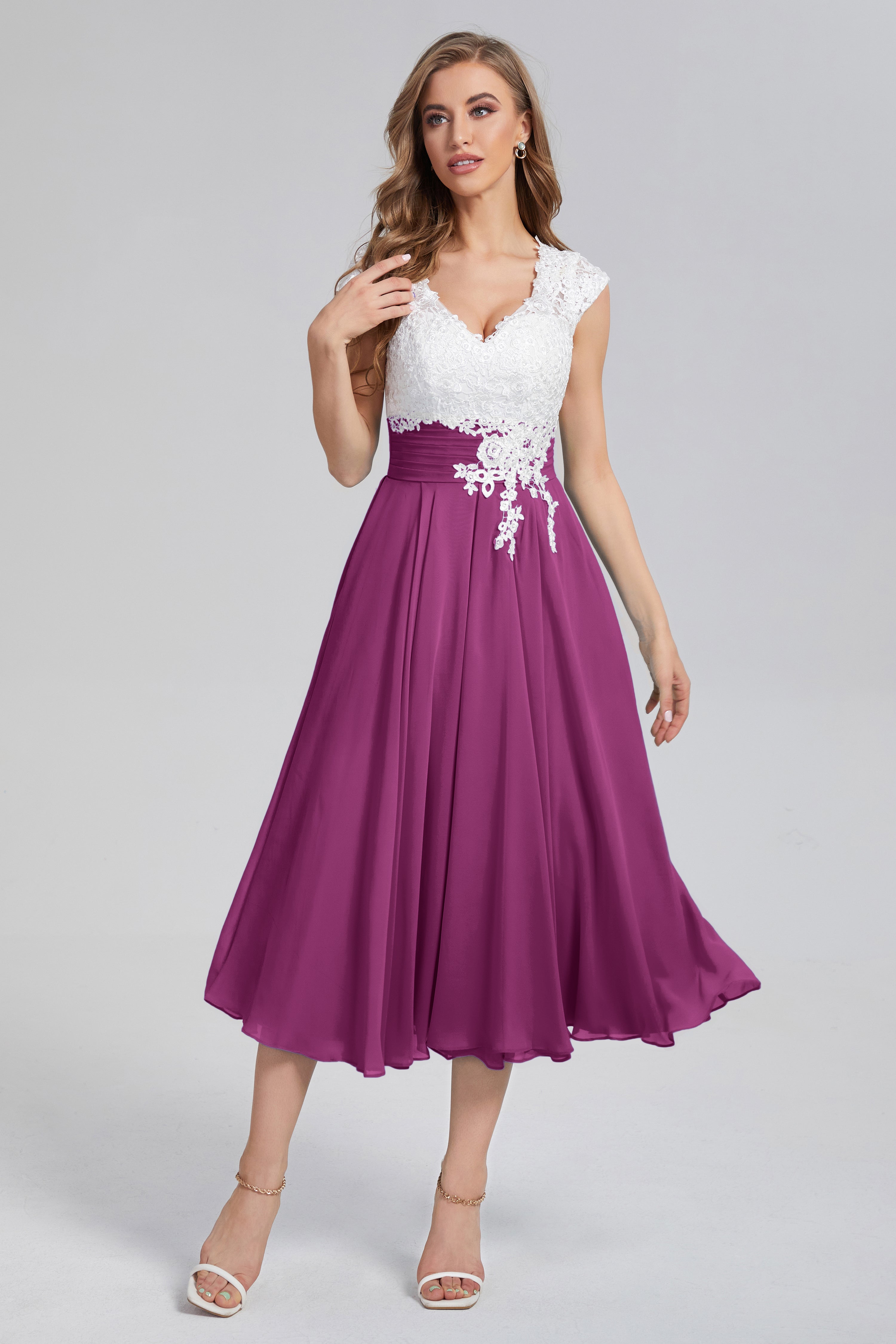 Tea Length V-neck Appliques Prom Dresses