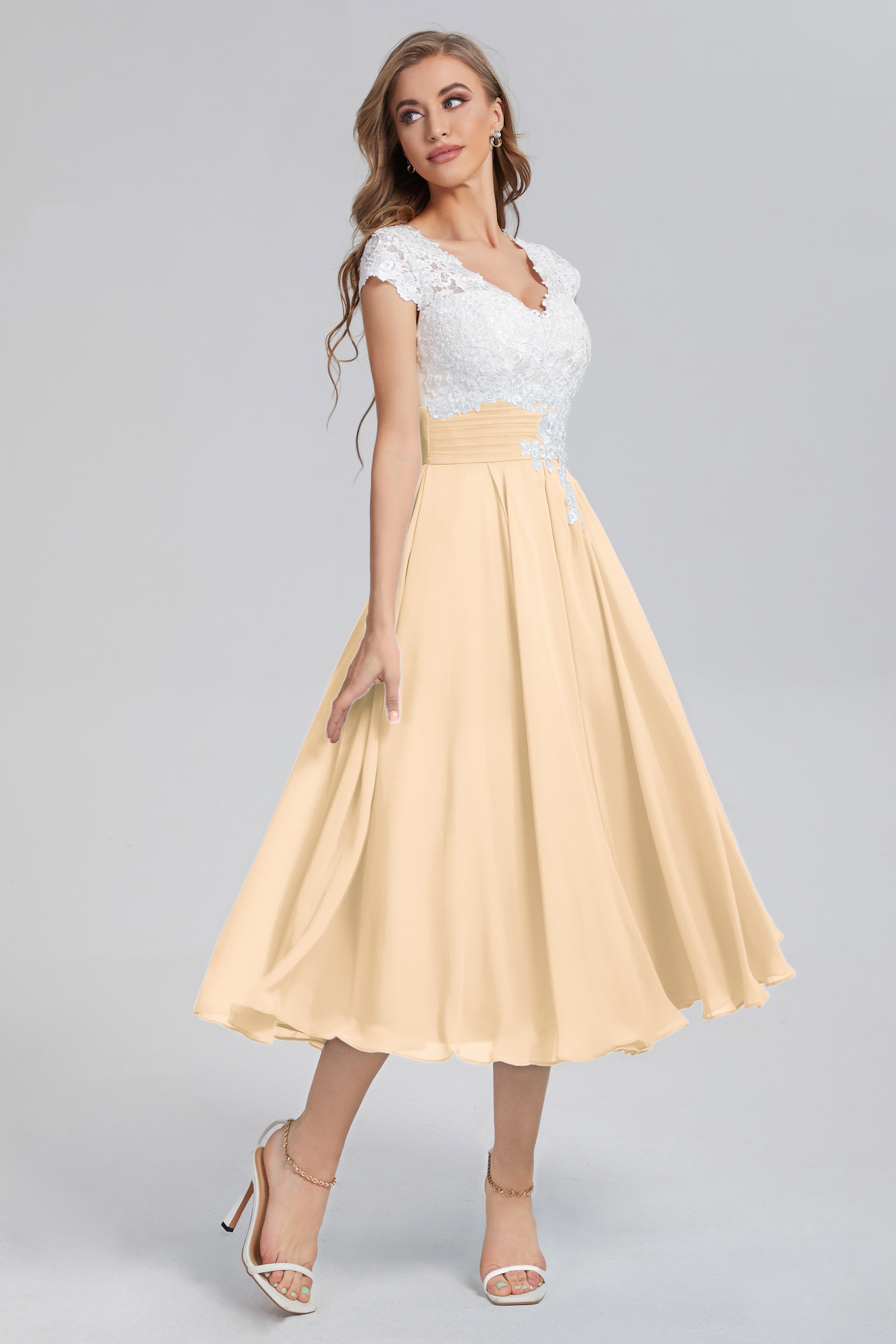 Tea Length V-neck Appliques Prom Dresses