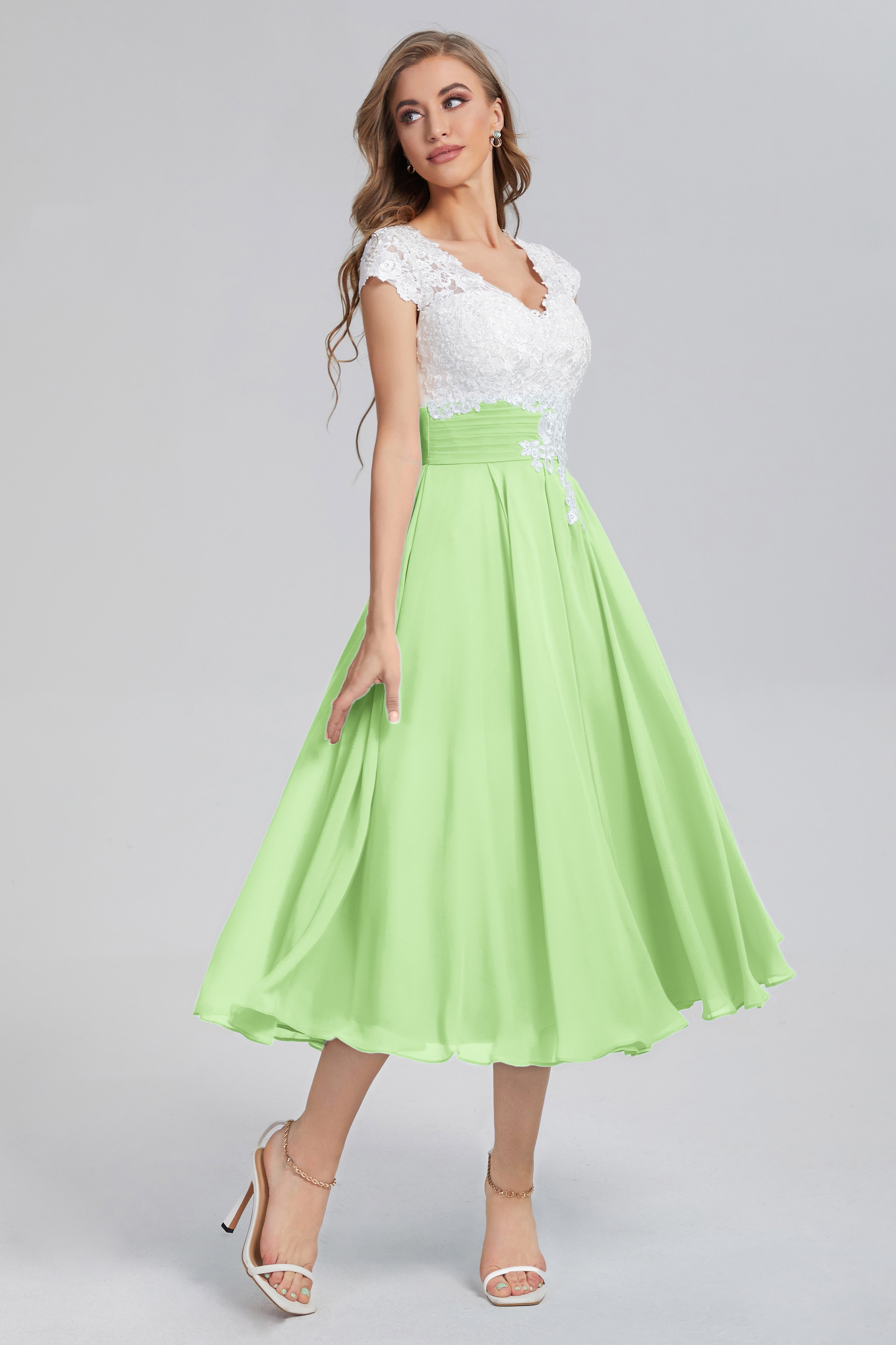 Tea Length V-neck Appliques Prom Dresses