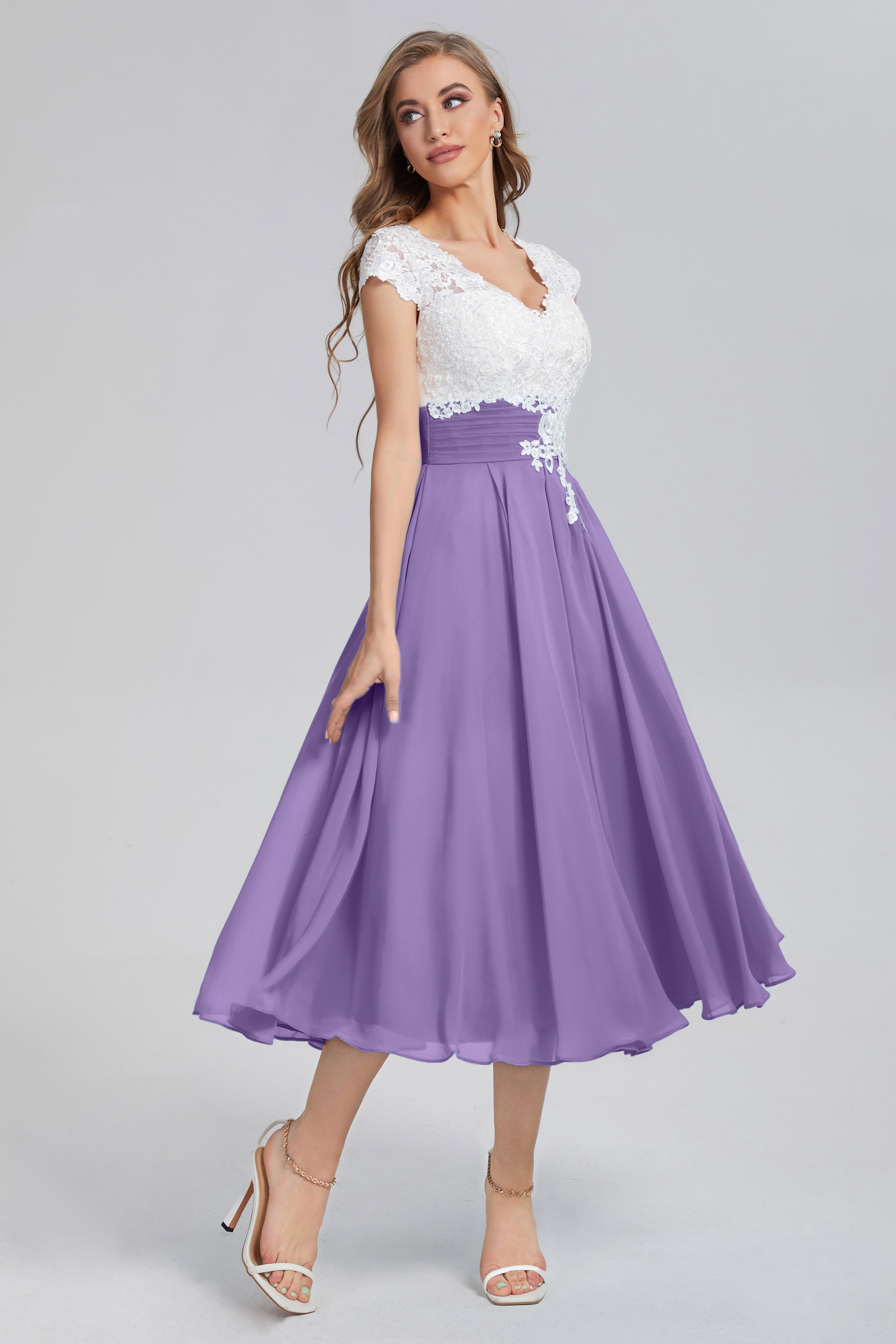 Tea Length V-neck Appliques Prom Dresses