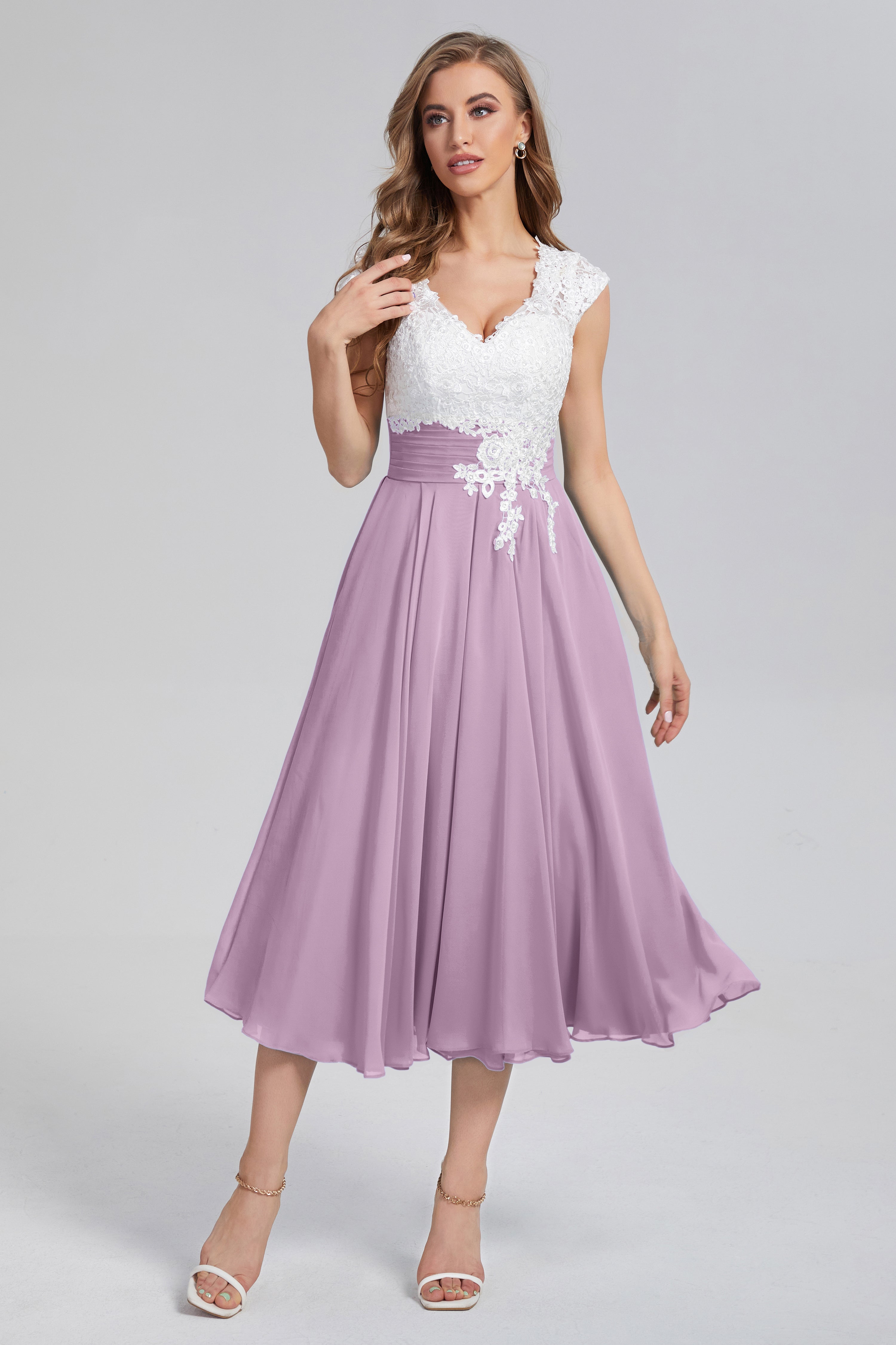 Tea Length V-neck Appliques Prom Dresses