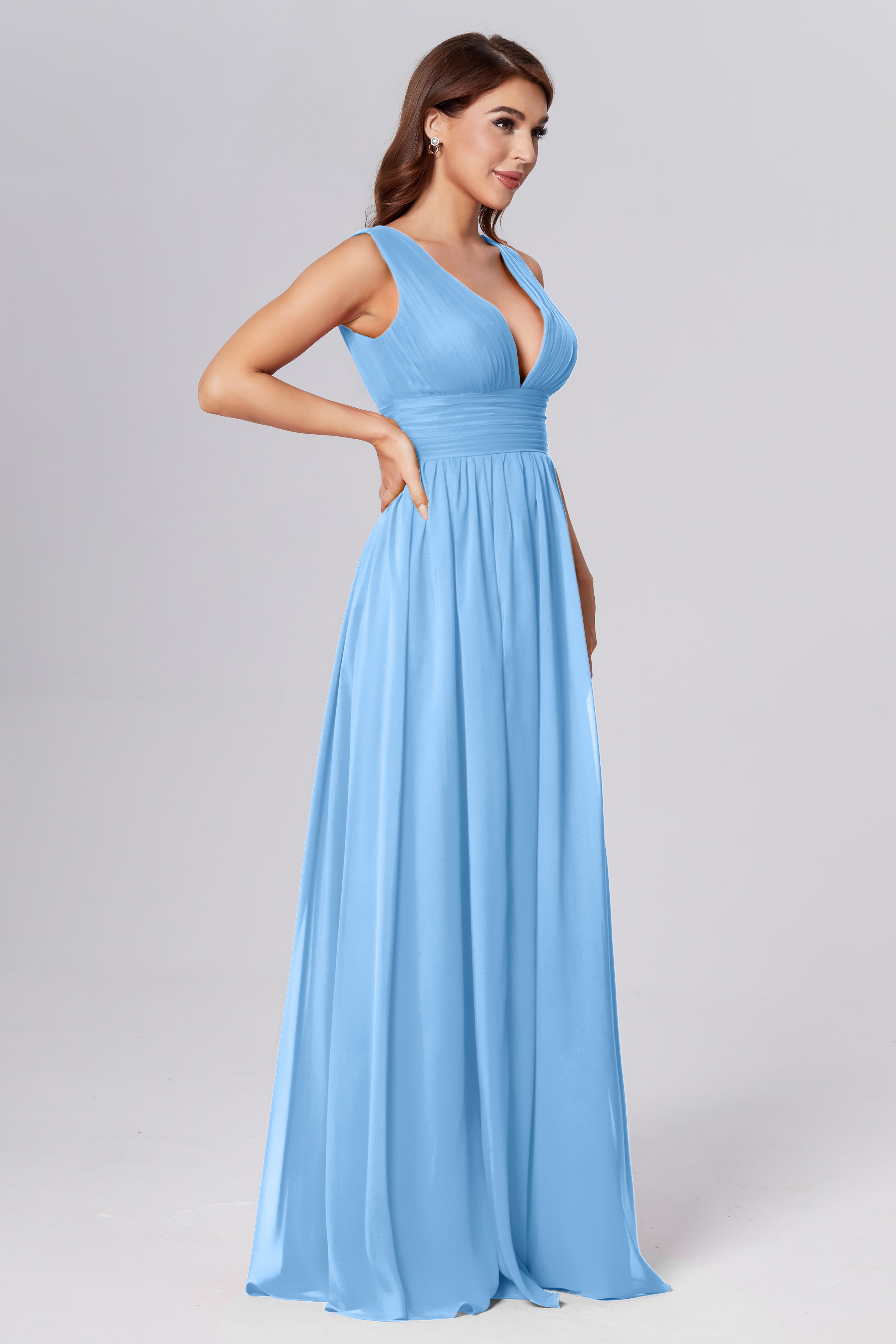 V-neck Backless Chiffon Prom Dresses