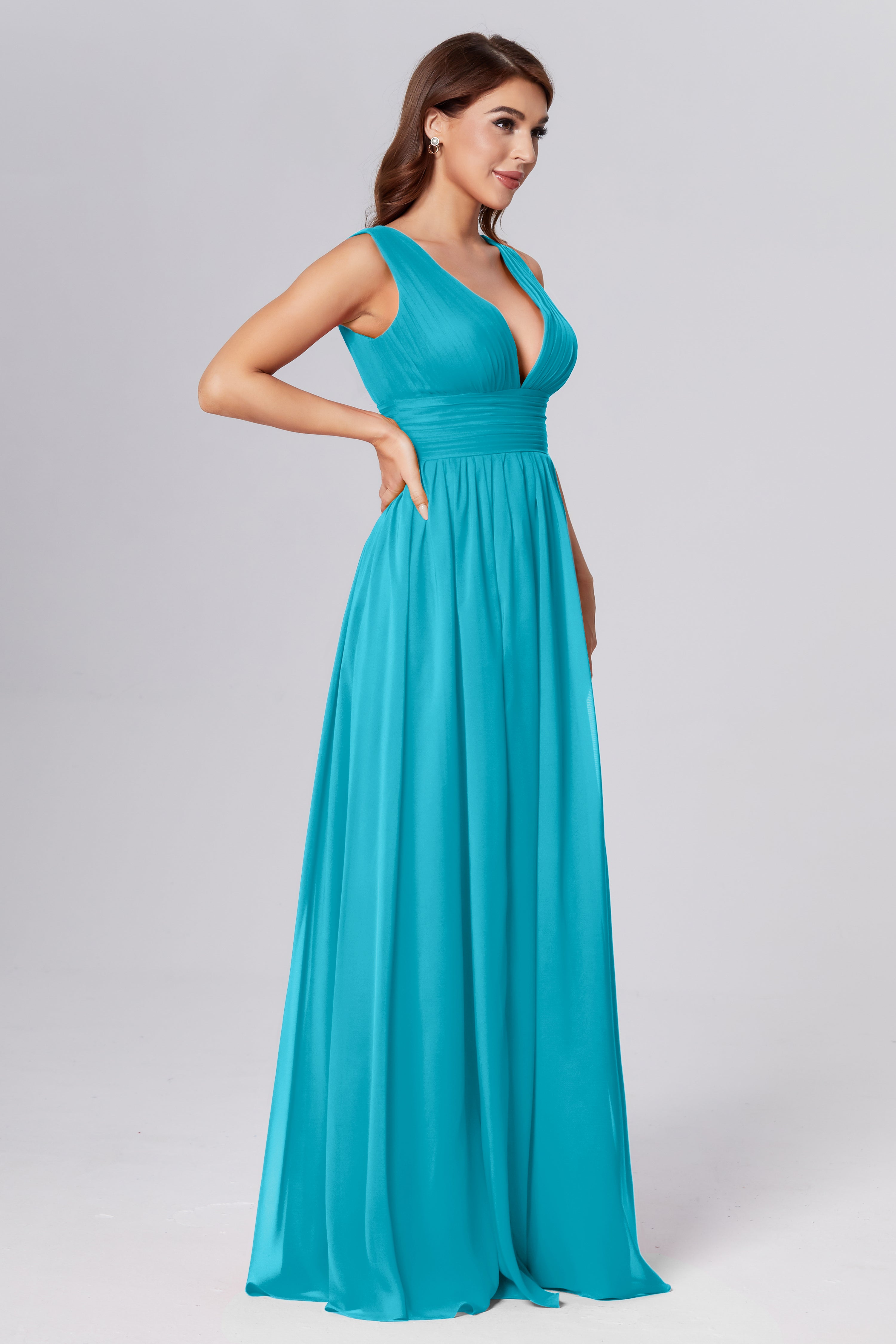 V-neck Backless Chiffon Prom Dresses