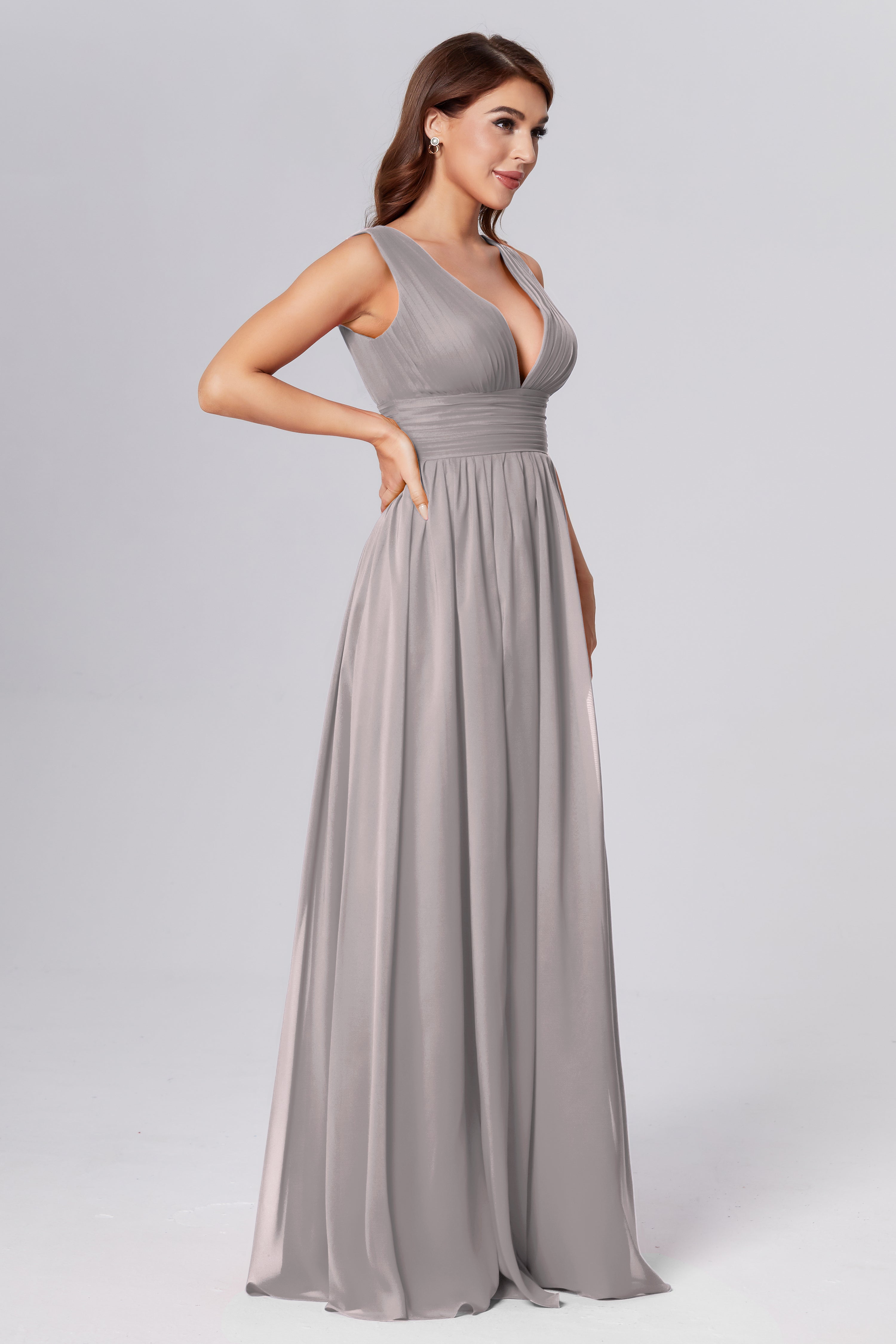 V-neck Backless Chiffon Prom Dresses