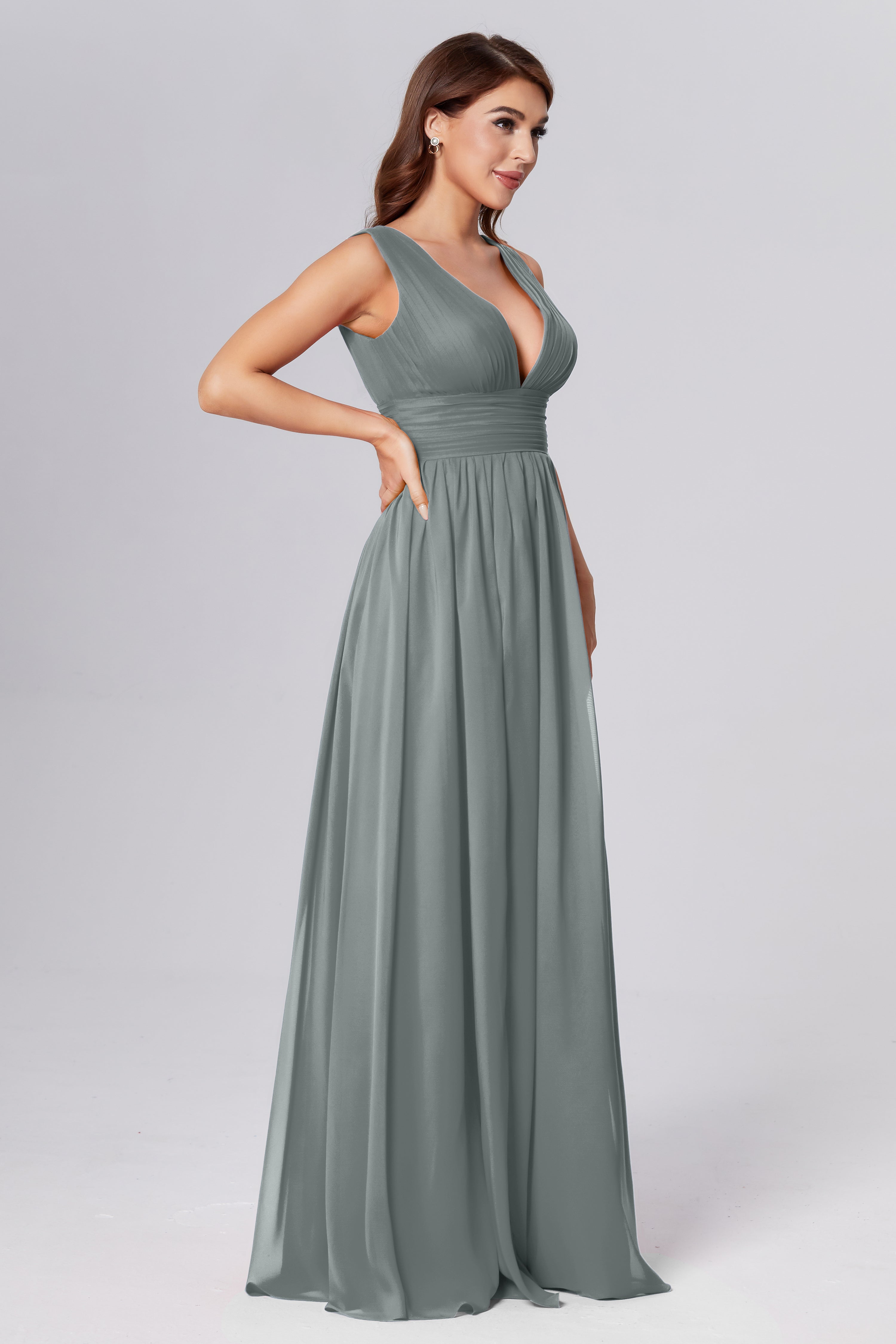 V-neck Backless Chiffon Prom Dresses