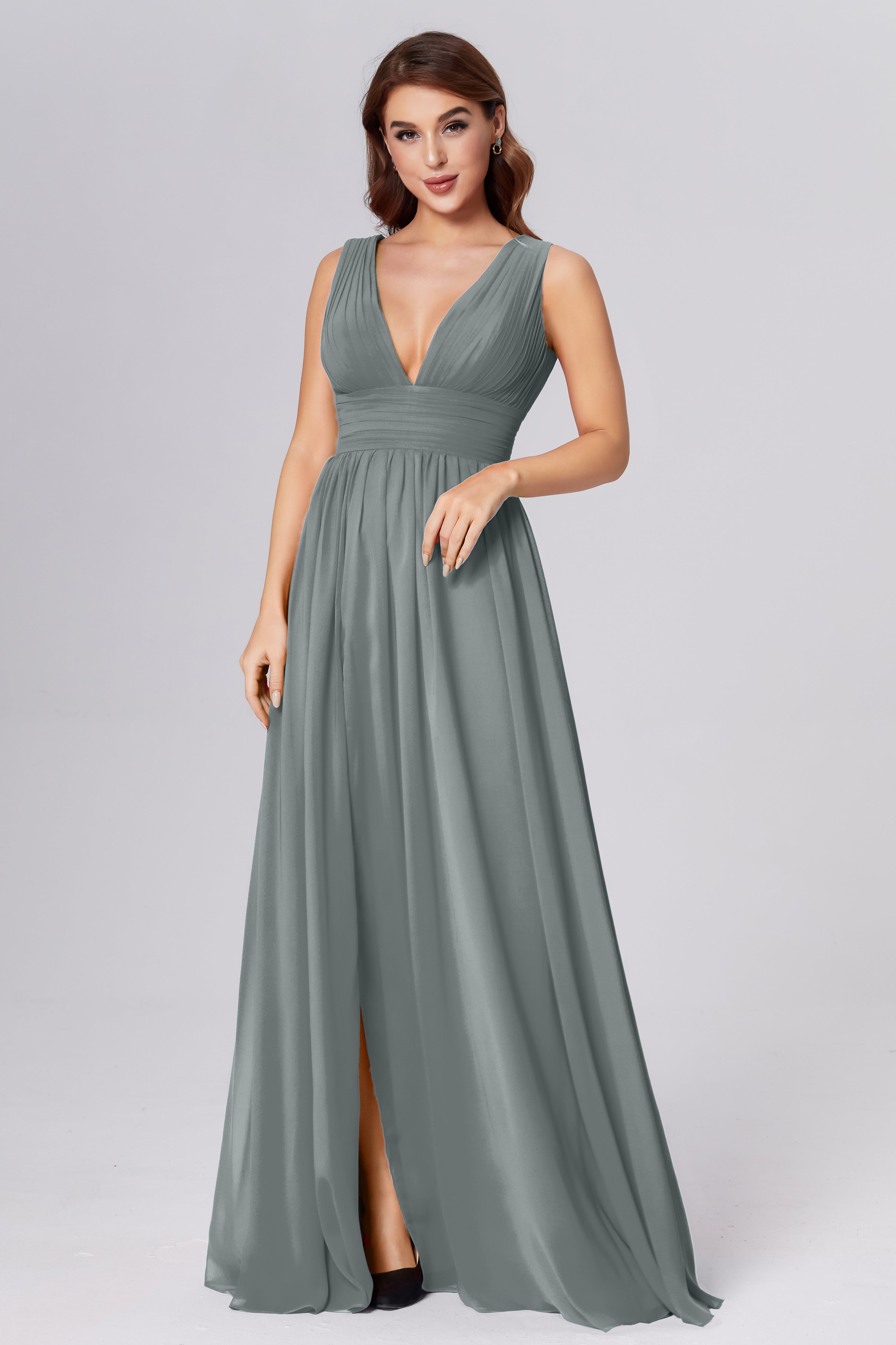 V-neck Backless Chiffon Prom Dresses