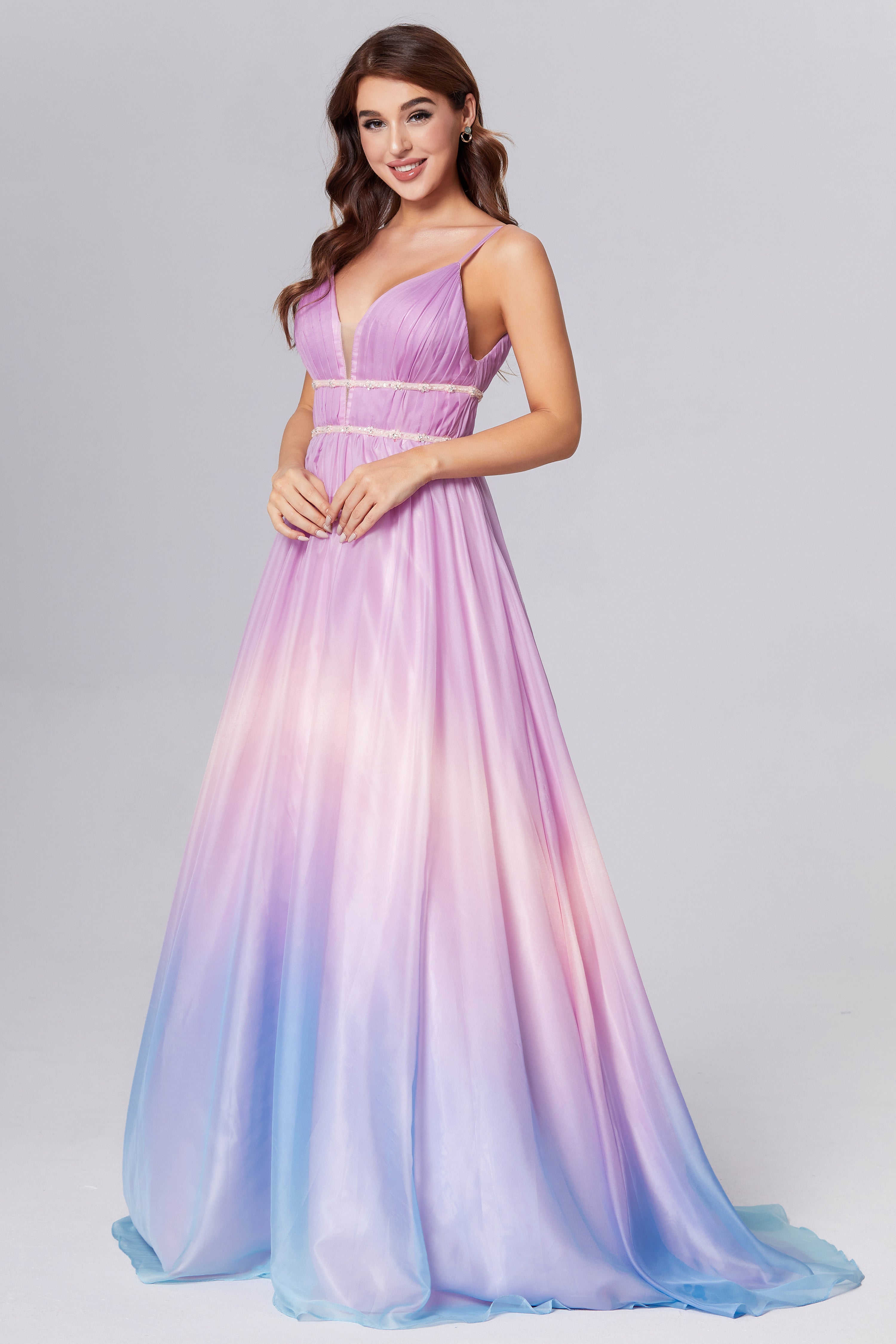 V-neck Sequins Ombre Prom Dresses