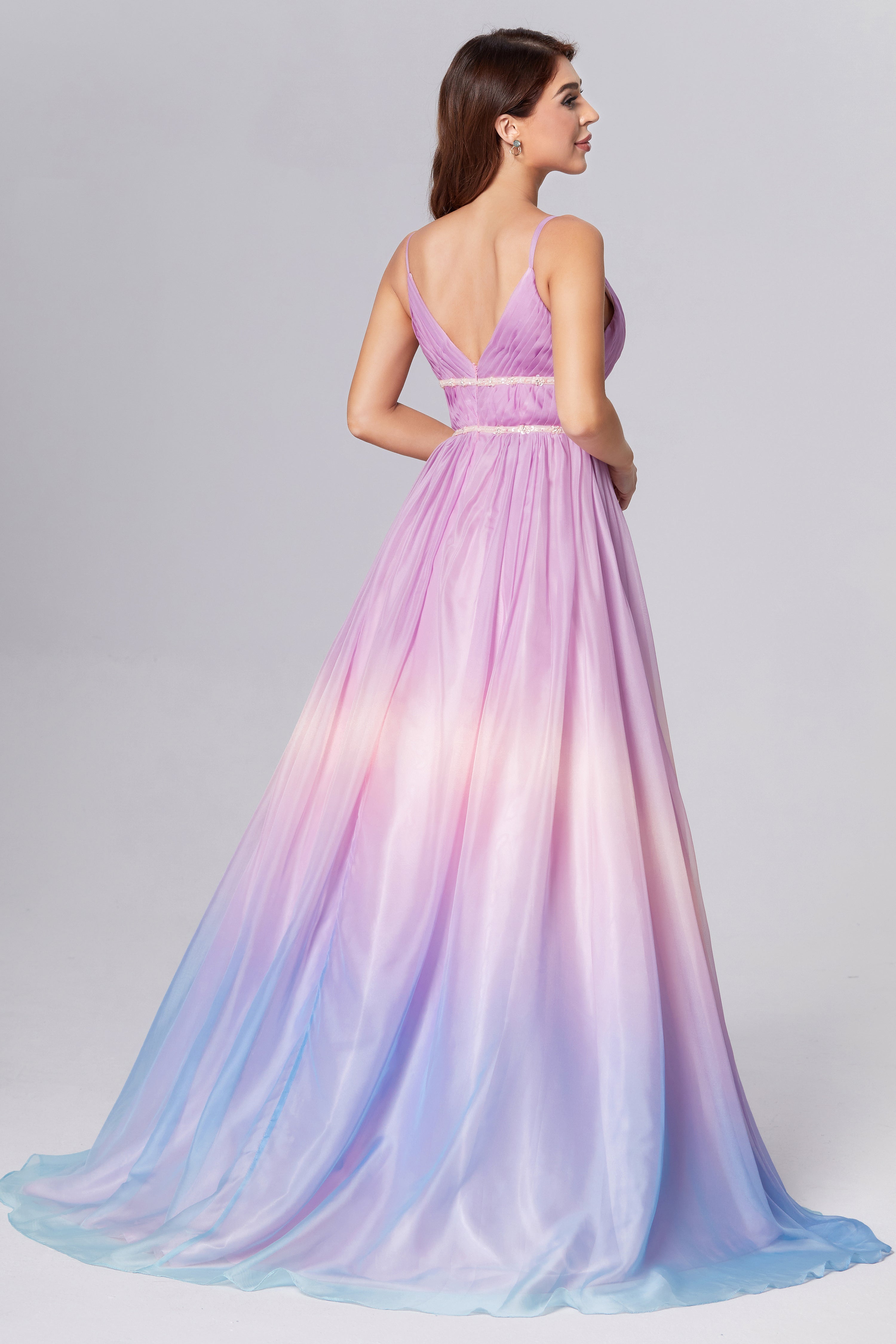 V-neck Sequins Ombre Prom Dresses