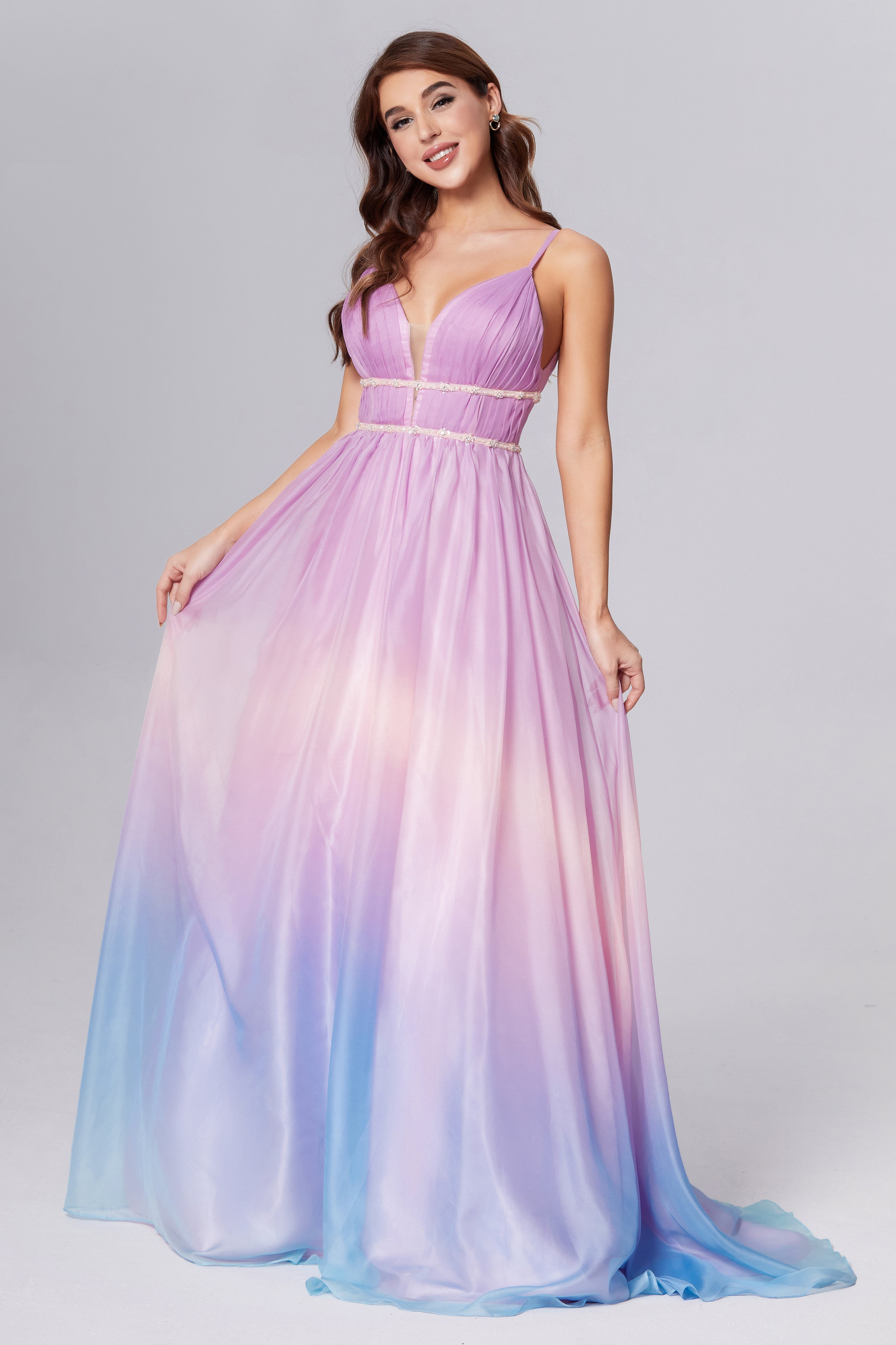 V-neck Sequins Ombre Prom Dresses