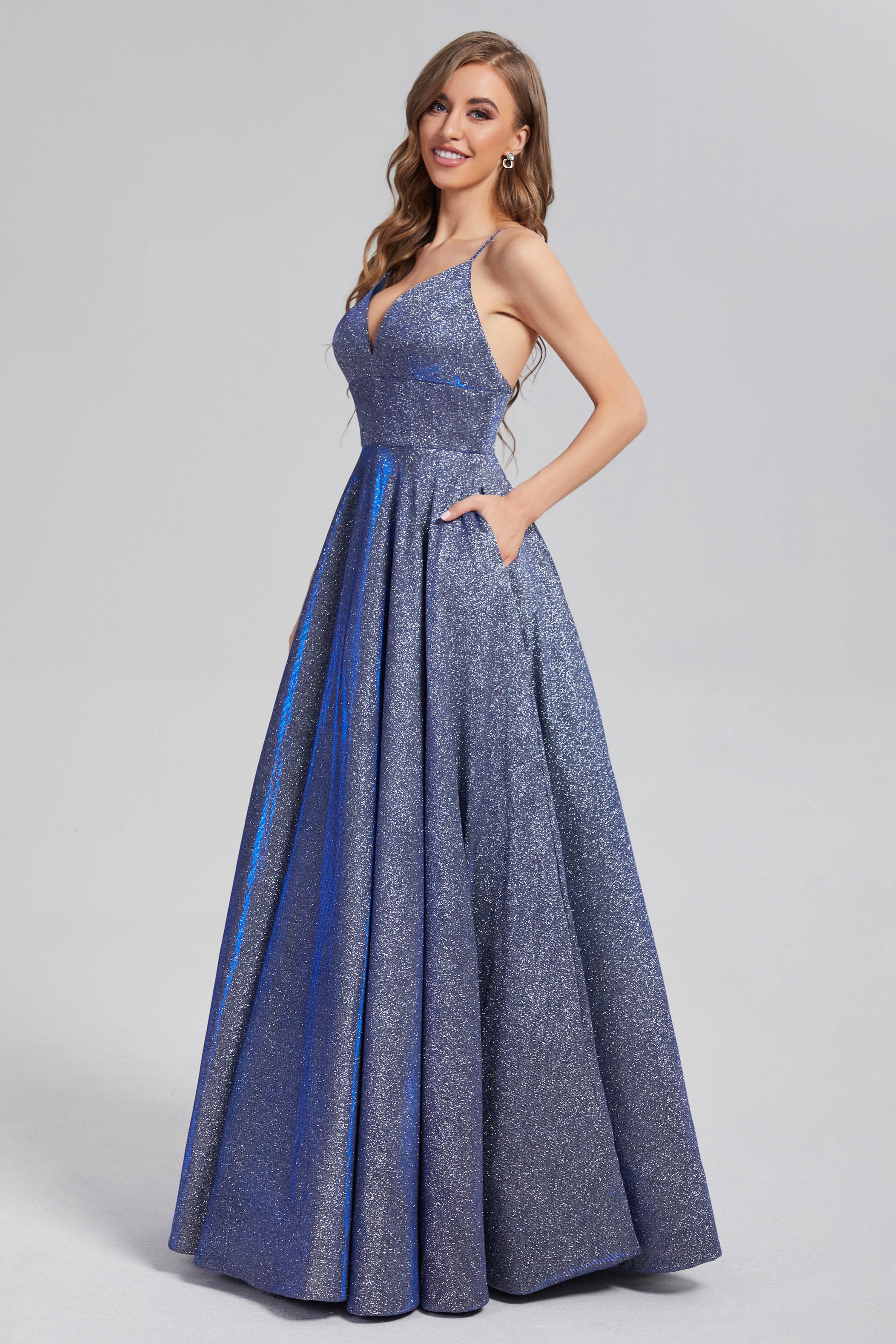 V-neck Sequins Prom Dresses with Pocket