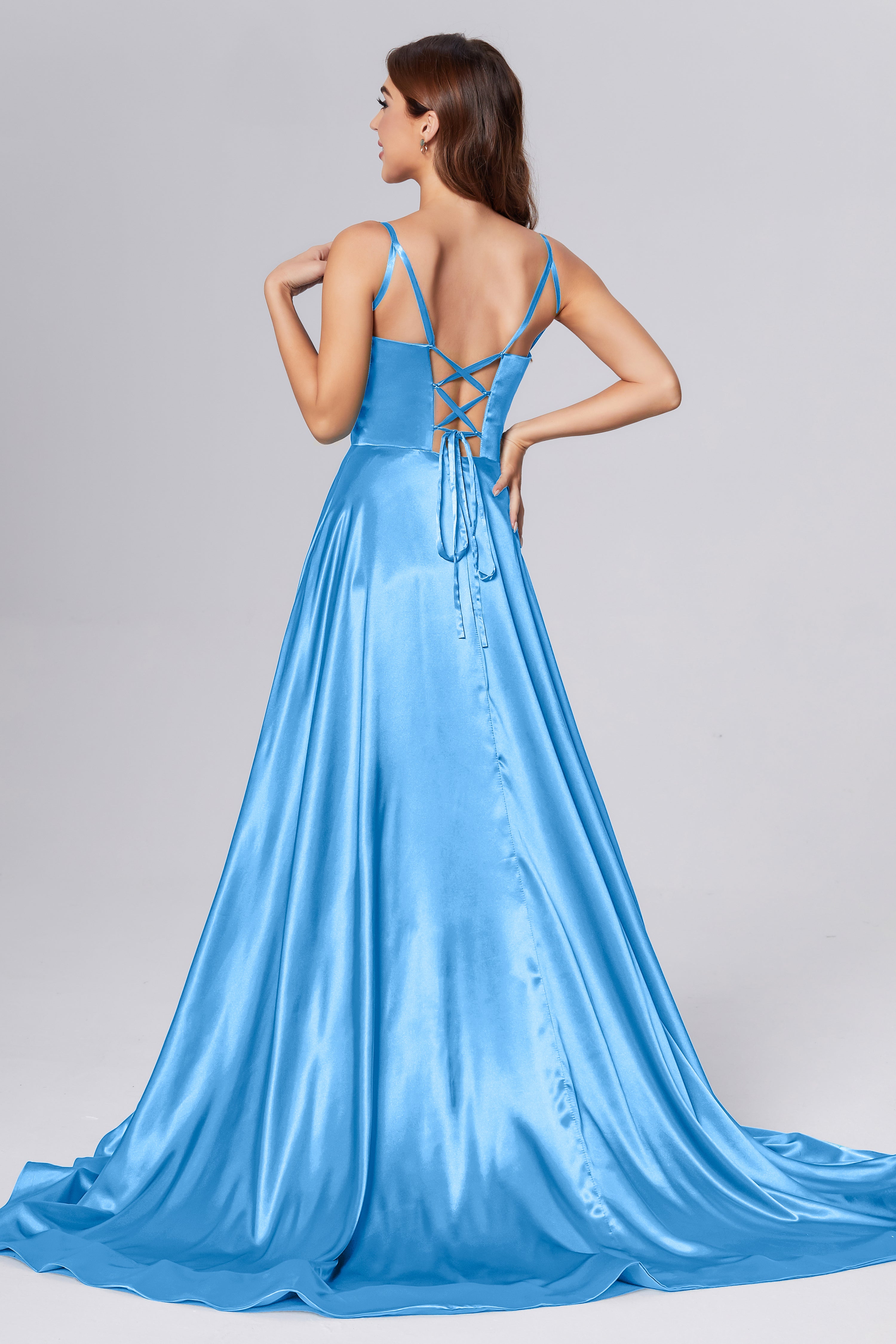 V-neck Split Prom Dresses with Trailing